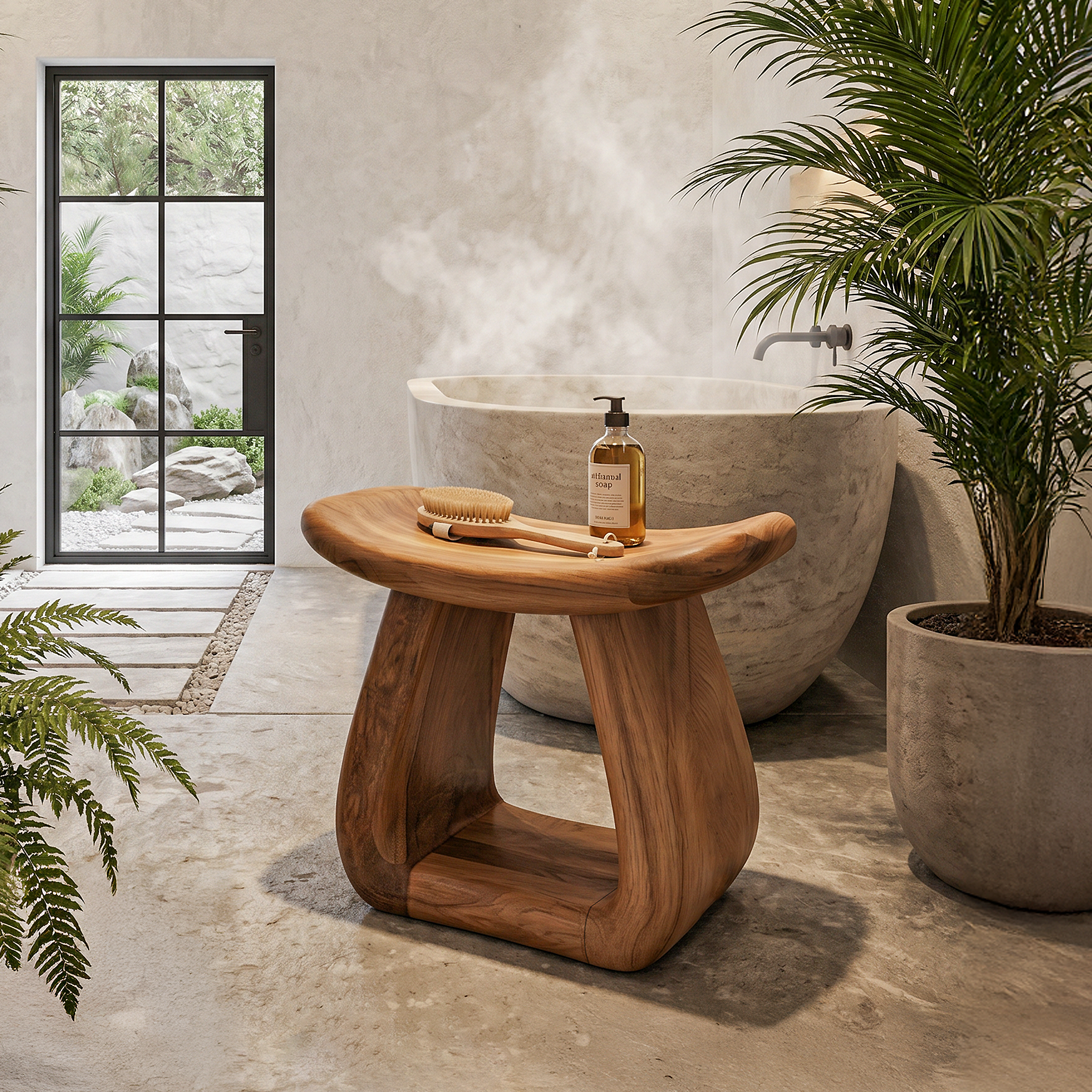 Organic Bath Stool With Handcrafted Pedestal Design For Bathroom SINLHAWS016