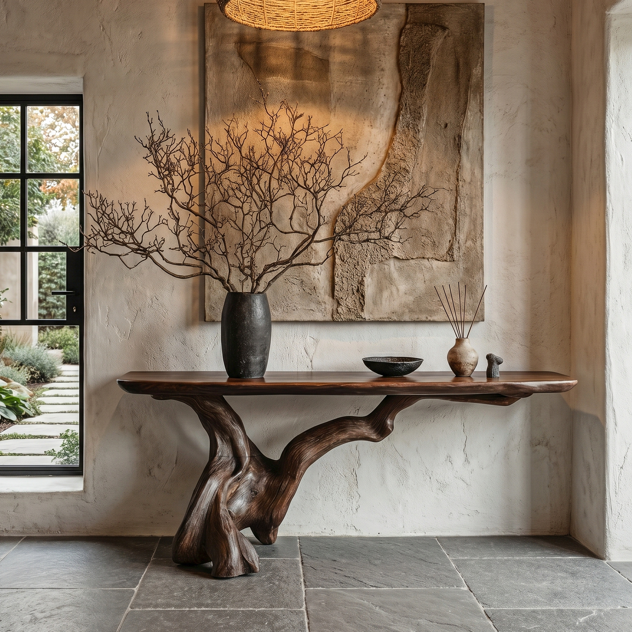 Organic Console Table With Sculptural Open Ring Wood Base For Entryway And Living Room SINLHACS610