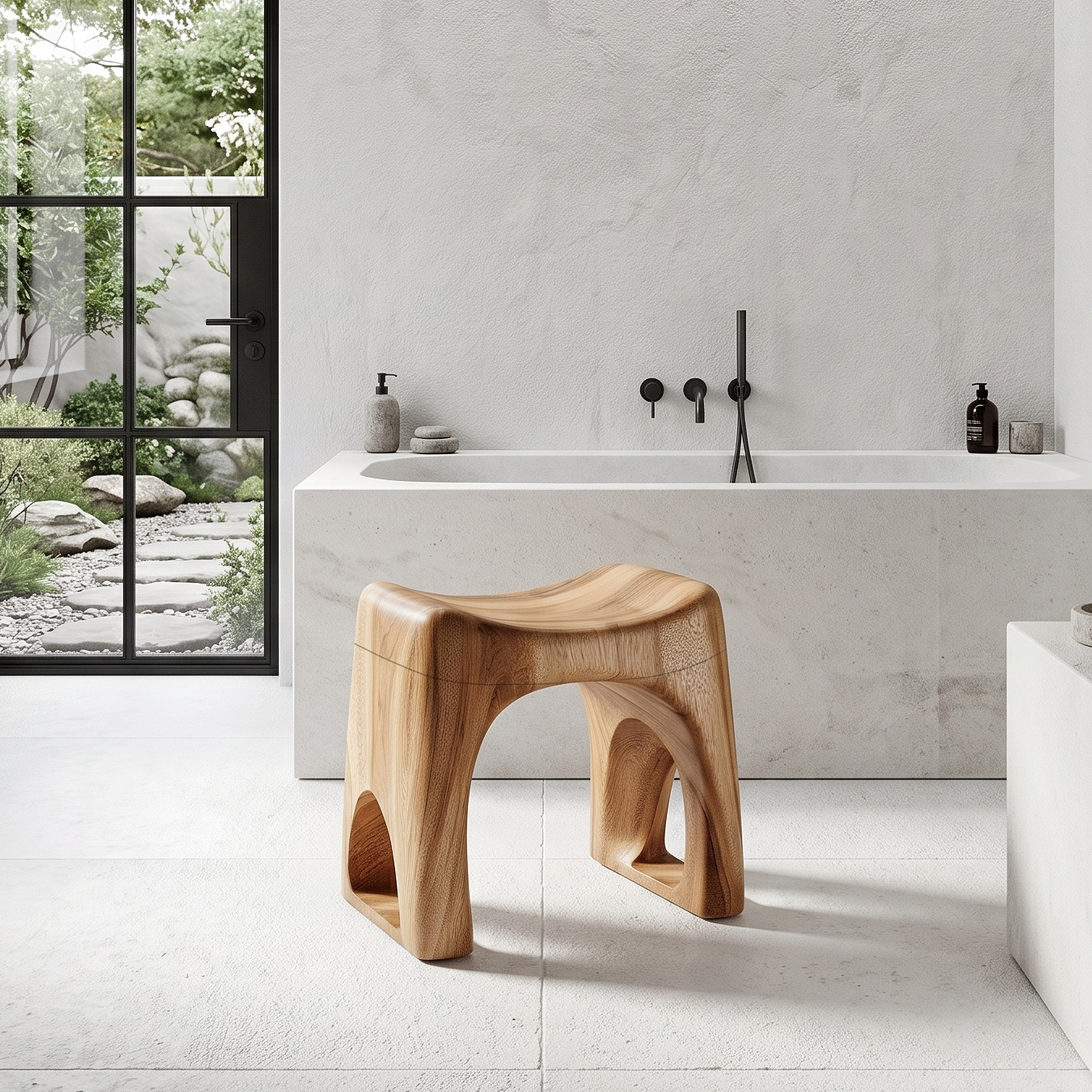 Minimalist Bathroom Stool With Organic Solid Wood Design For Bathroom SINLHAWS017