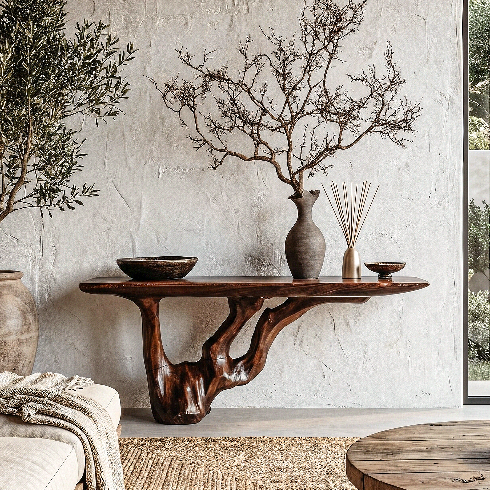 Rustic Console Table With Handcrafted Tree Root Base For Entryway And Living Room SINLHACS611