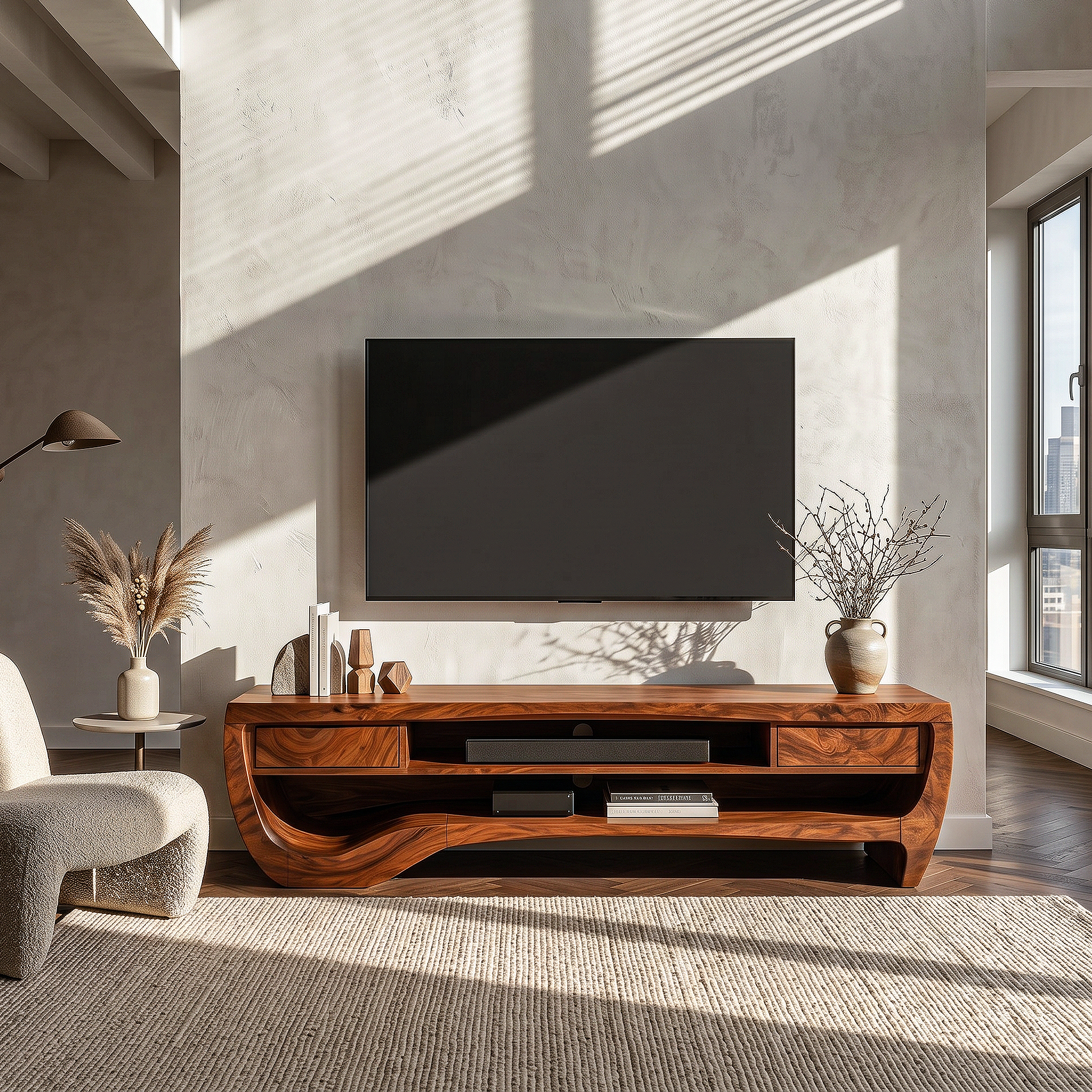 Organic TV Cabinet With Open Storage And Sculptural Curved Wood Design For Living Room SINLHATC045