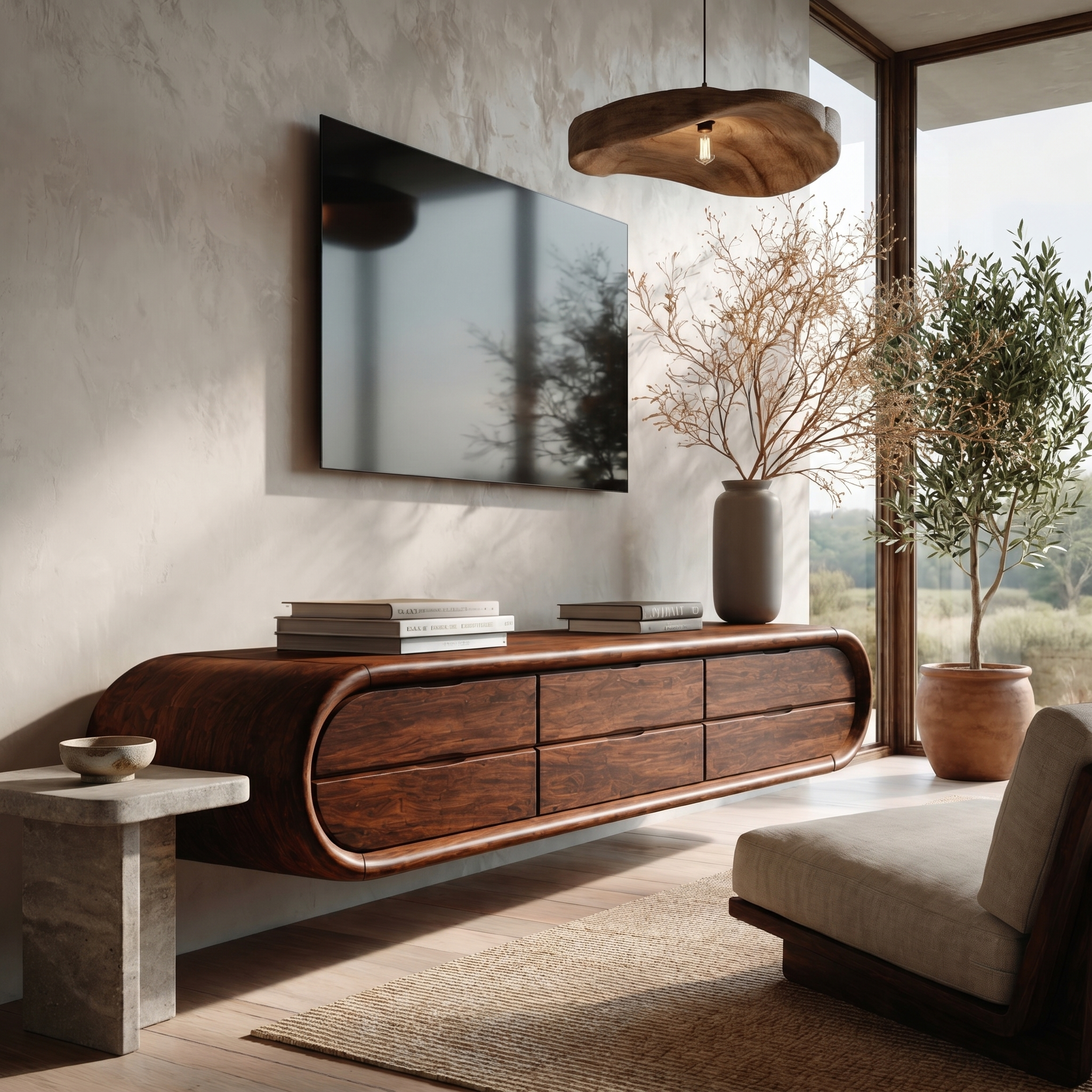 Organic Floating TV Cabinet With Sculptural Curved Wood Frame For Living Room SINLHATC052