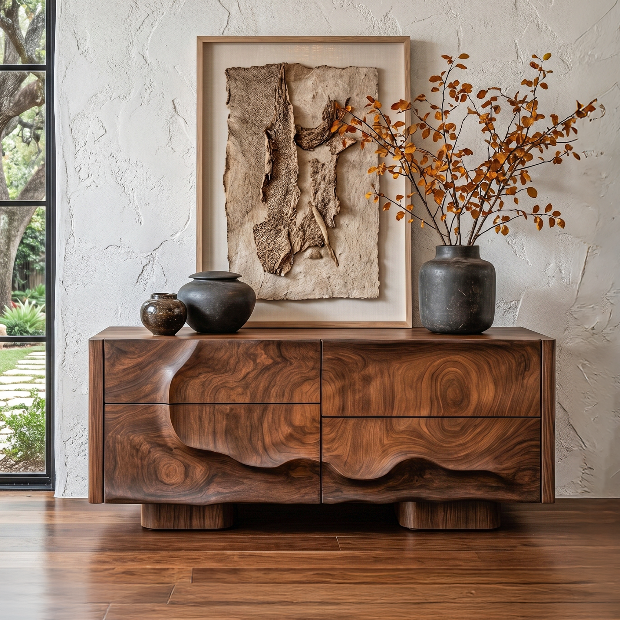 Rustic Organic Storage Cabinet With Carved Wood Doors For Living Room And Entryway SINLHASC514