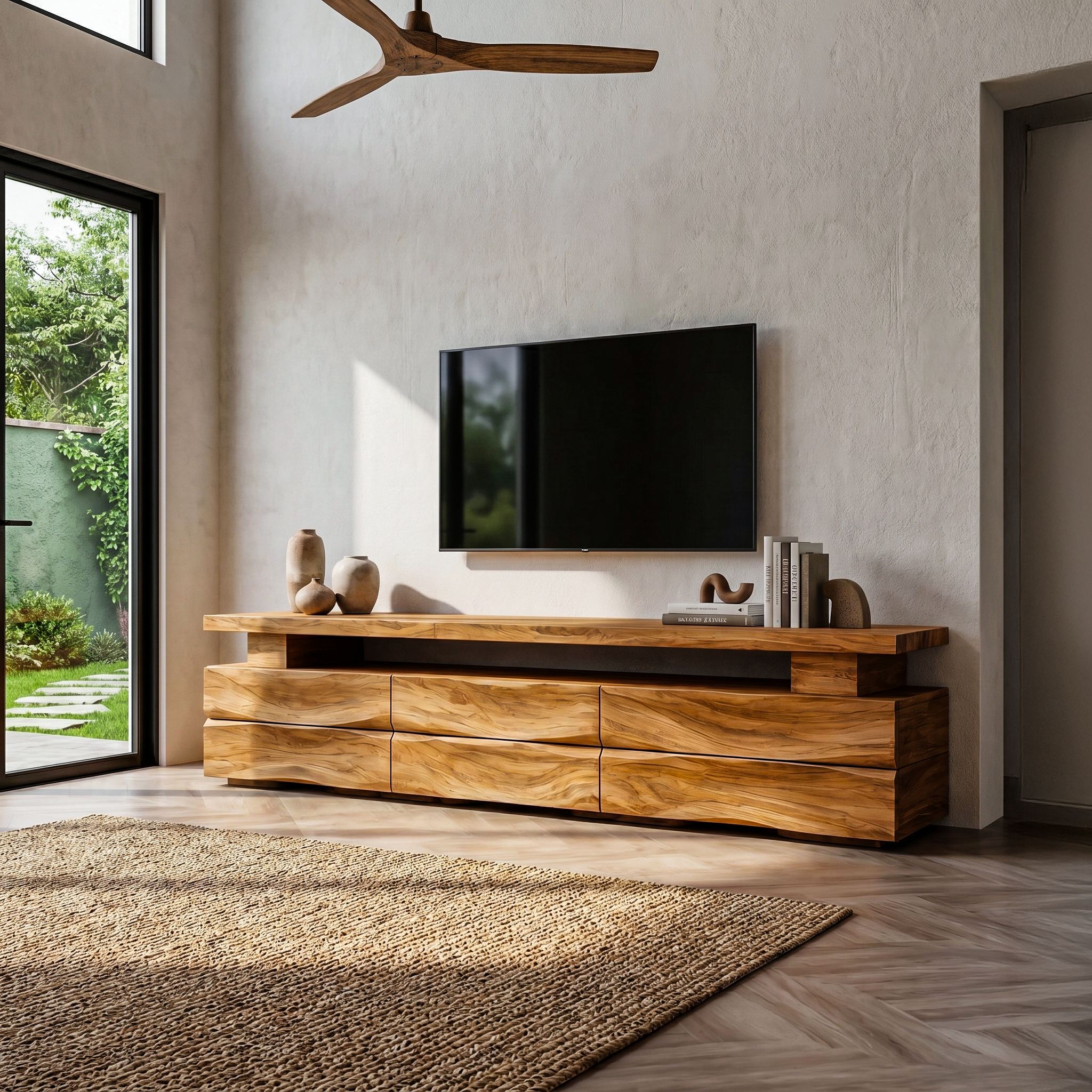 Rustic TV Cabinet With Wave Front Drawers And Open Storage Shelf For Living Room SINLHATC043