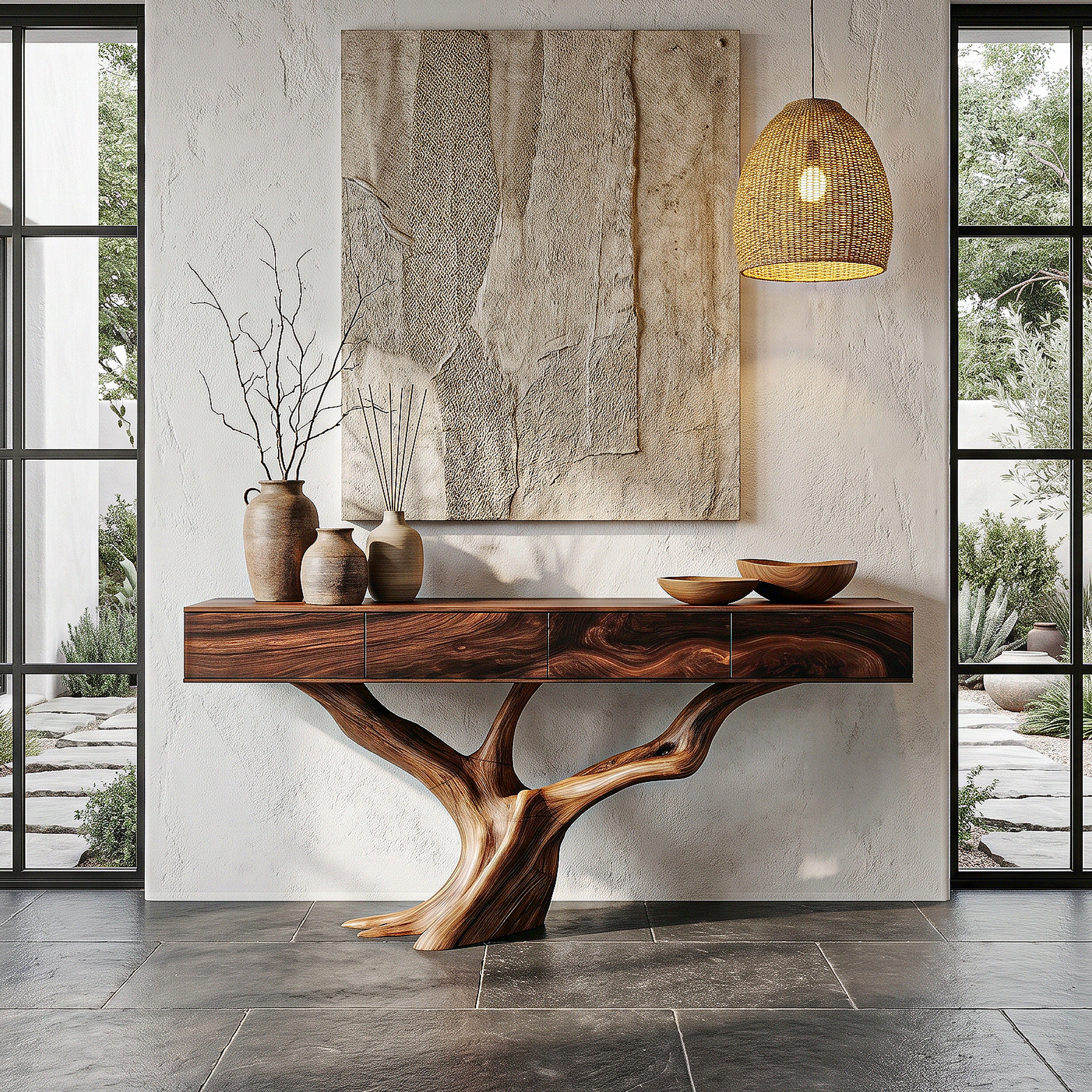 Rustic Live Edge Console Table With Sculptural Tree Branch Base For Entryway And Living Room SINLHACS616