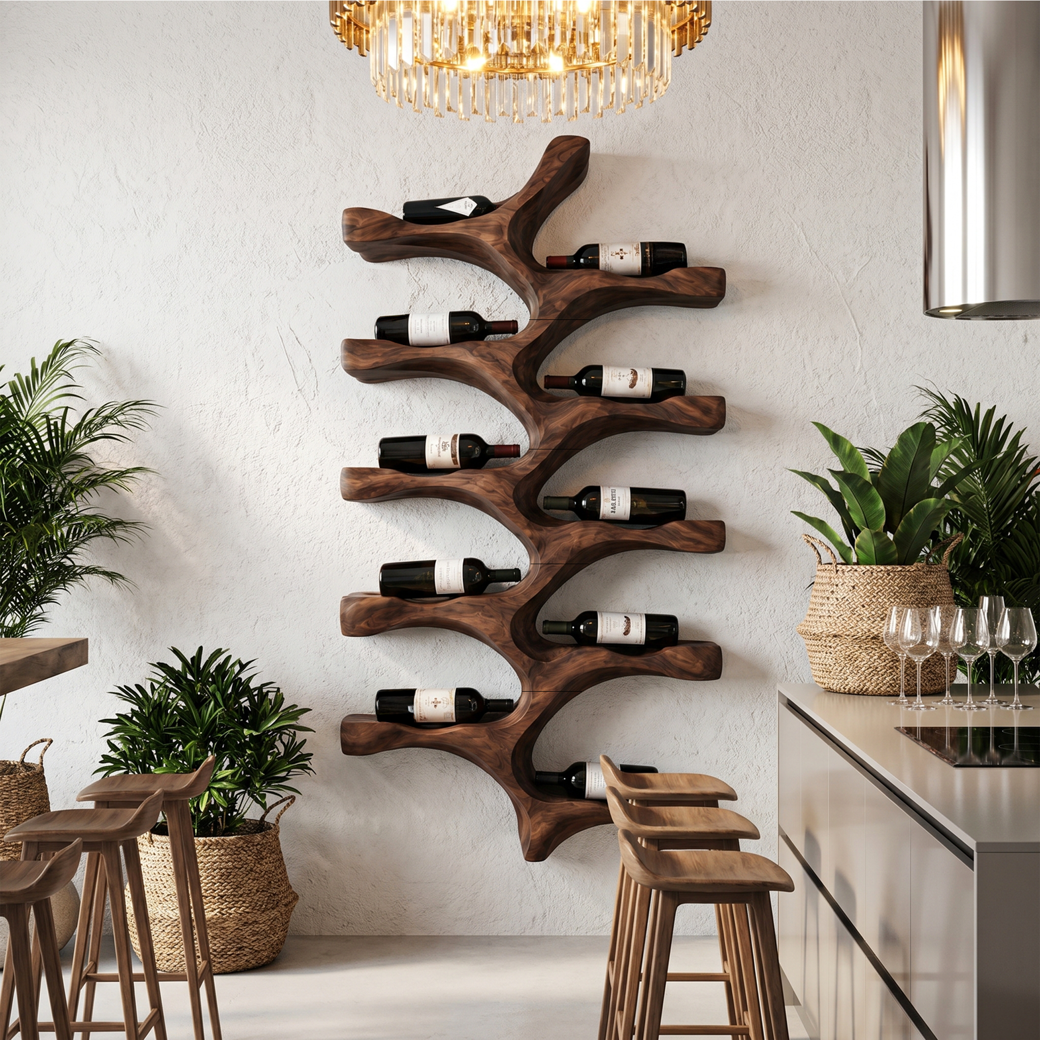 Organic Wall Mounted Wine Rack With Tree Branch Bottle Holders For Kitchen SINLHAWR028