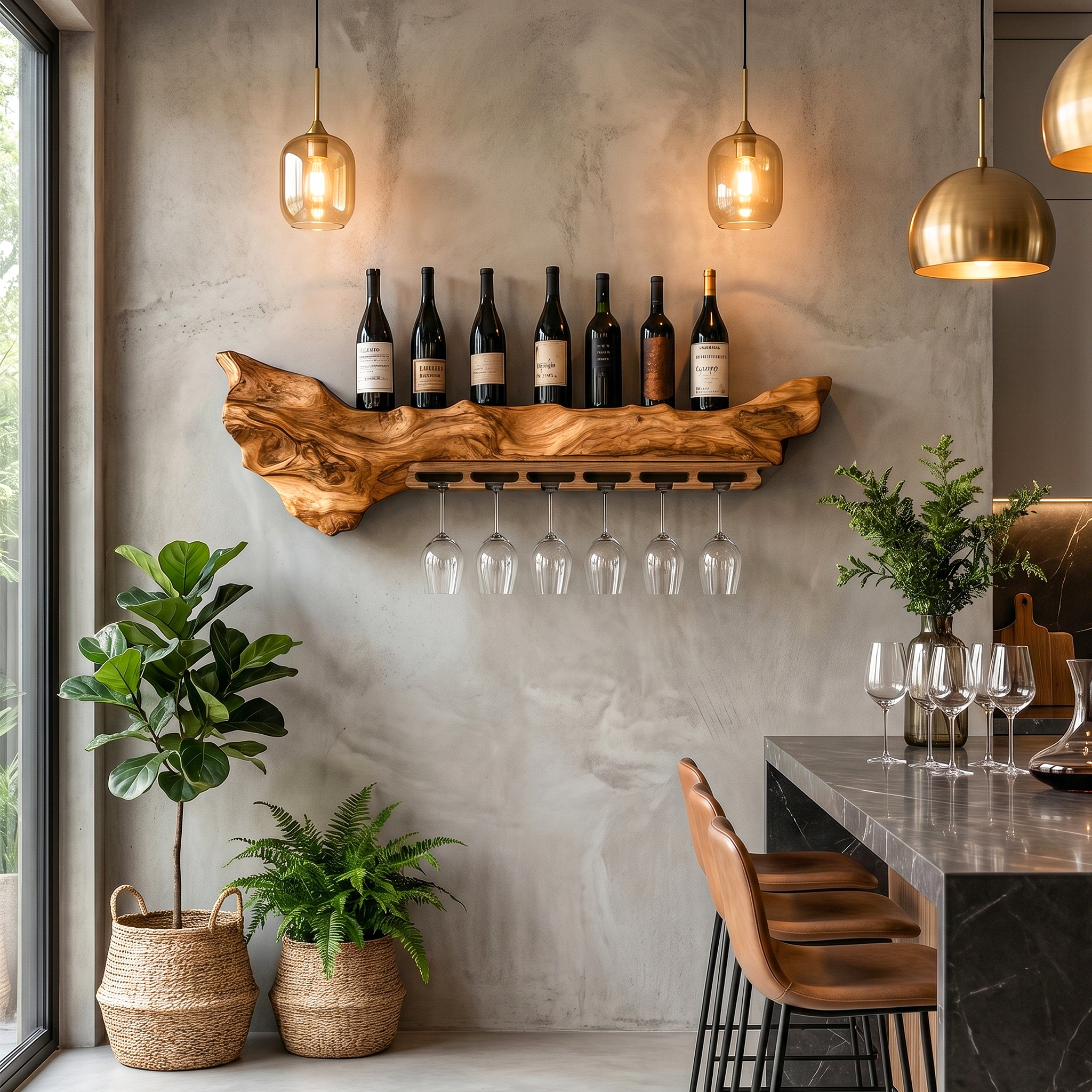 Rustic Live Edge Wall Mounted Wine Rack With Glass Holder And Bottle Storage For Kitchen And Dining Room SINLHAWR030