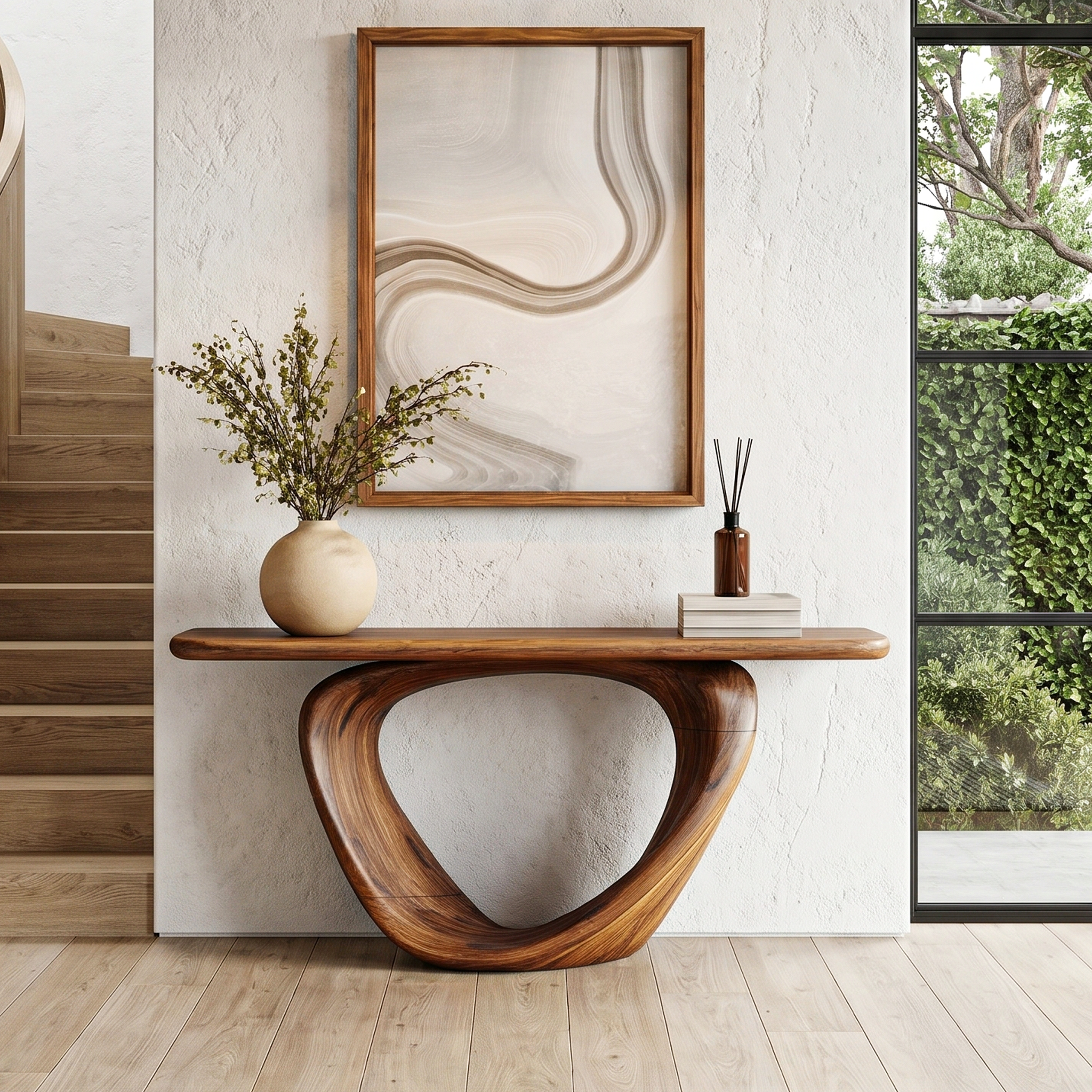 Sculptural Console Table With Loop Shaped Wooden Base Live Edge Console Table With Unique Sculptural Base Design SINLHACS585