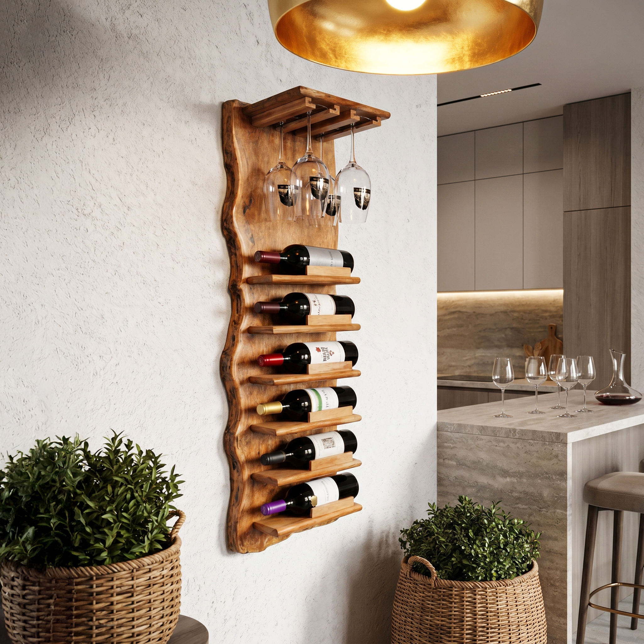 Live Edge Wall Mounted Wine Rack With Glass Holder And Vertical Bottle Storage For Kitchen And Dining Room SINLHAWR032