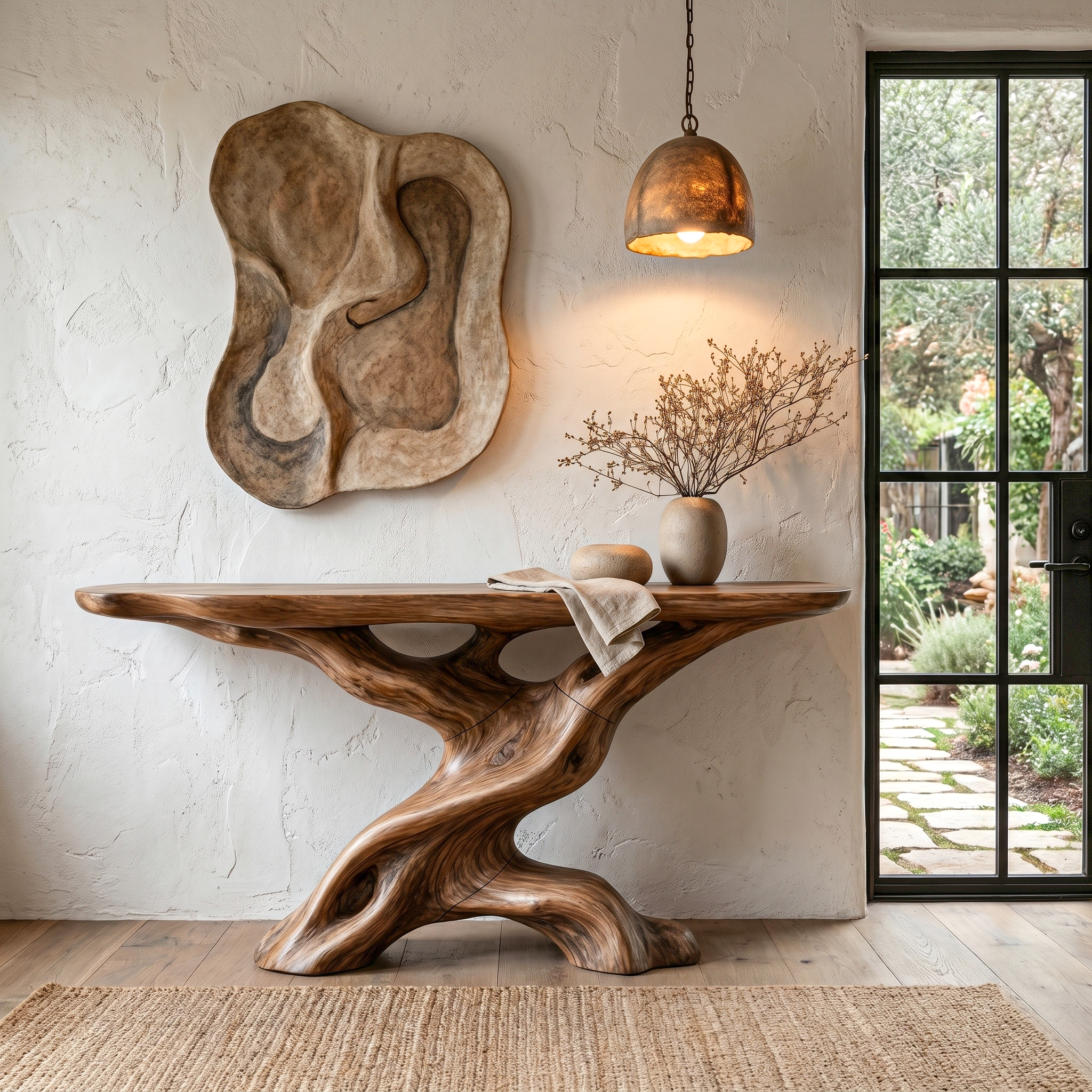 Live Edge Console Table With Unique Sculptural Base Design For Living Room SINLHACS586