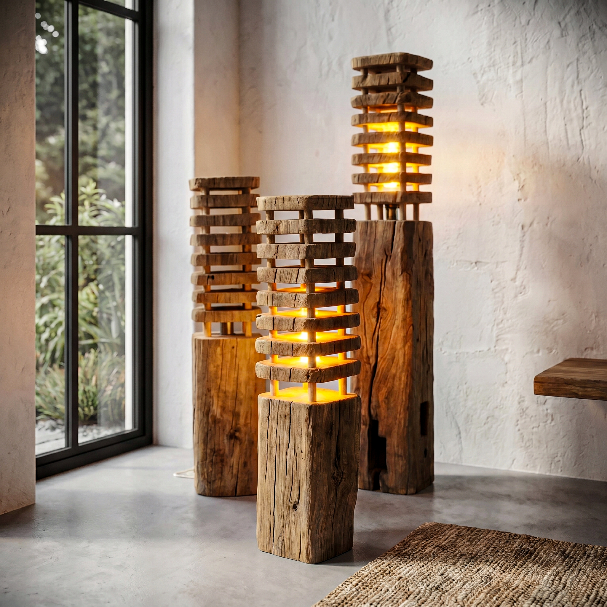 Rustic Wooden Floor Lamp With Sculptural Log Base For Living Room And Bedroom SINLHAFLP083