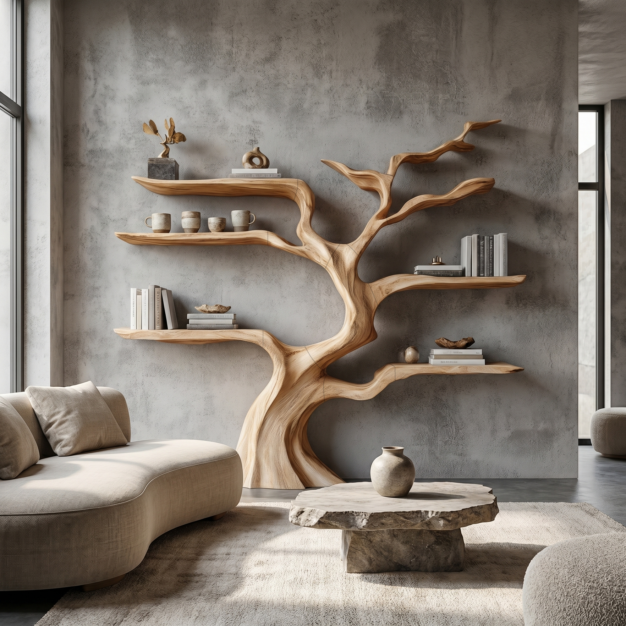 Nature Inspired Tree Bookshelf With Floating Wooden Shelves For Living Room Decor SINLHATB753