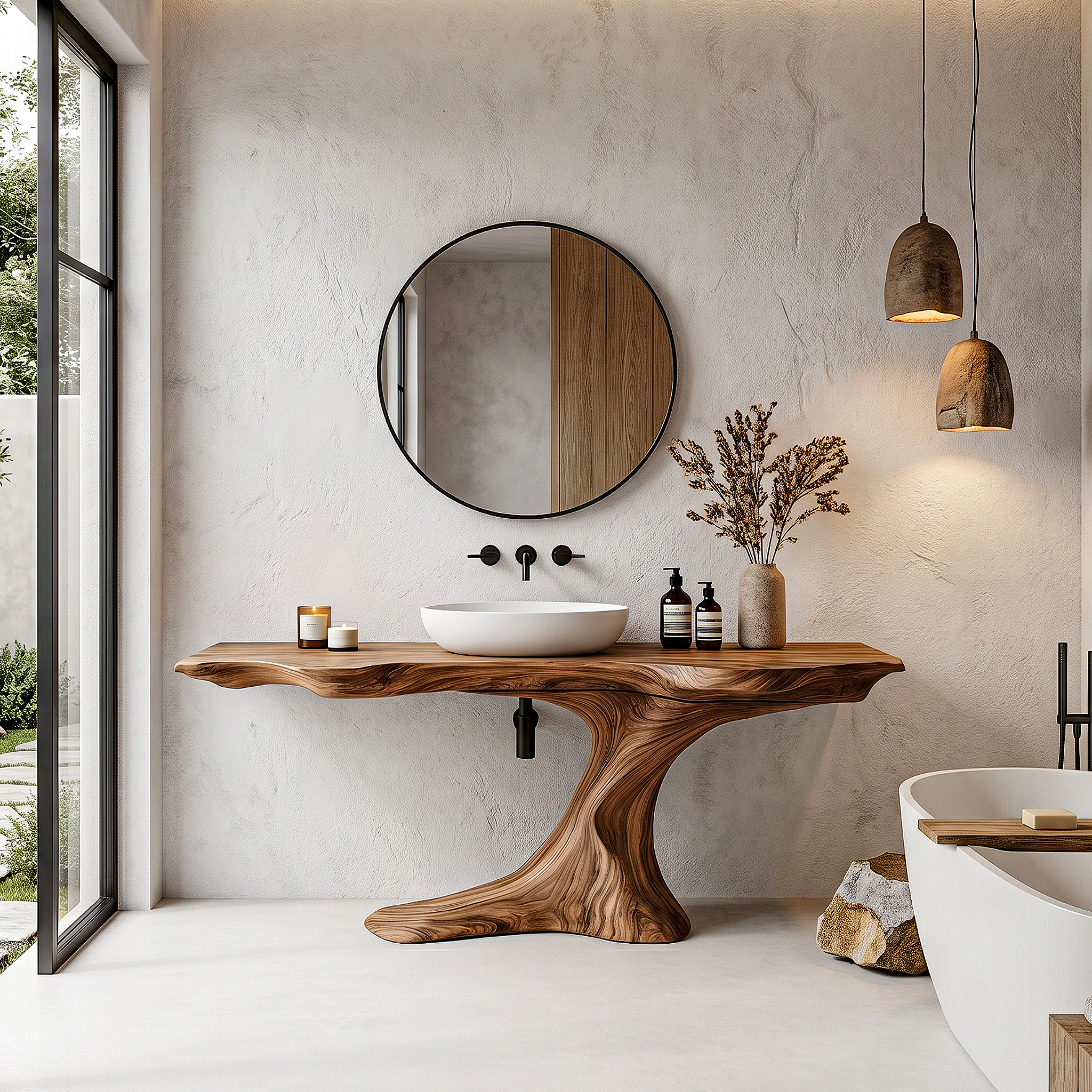 Rustic Organic Bathroom Vanity With Live Edge Countertop And Sculptural Tree Root Base SINLHABRV311