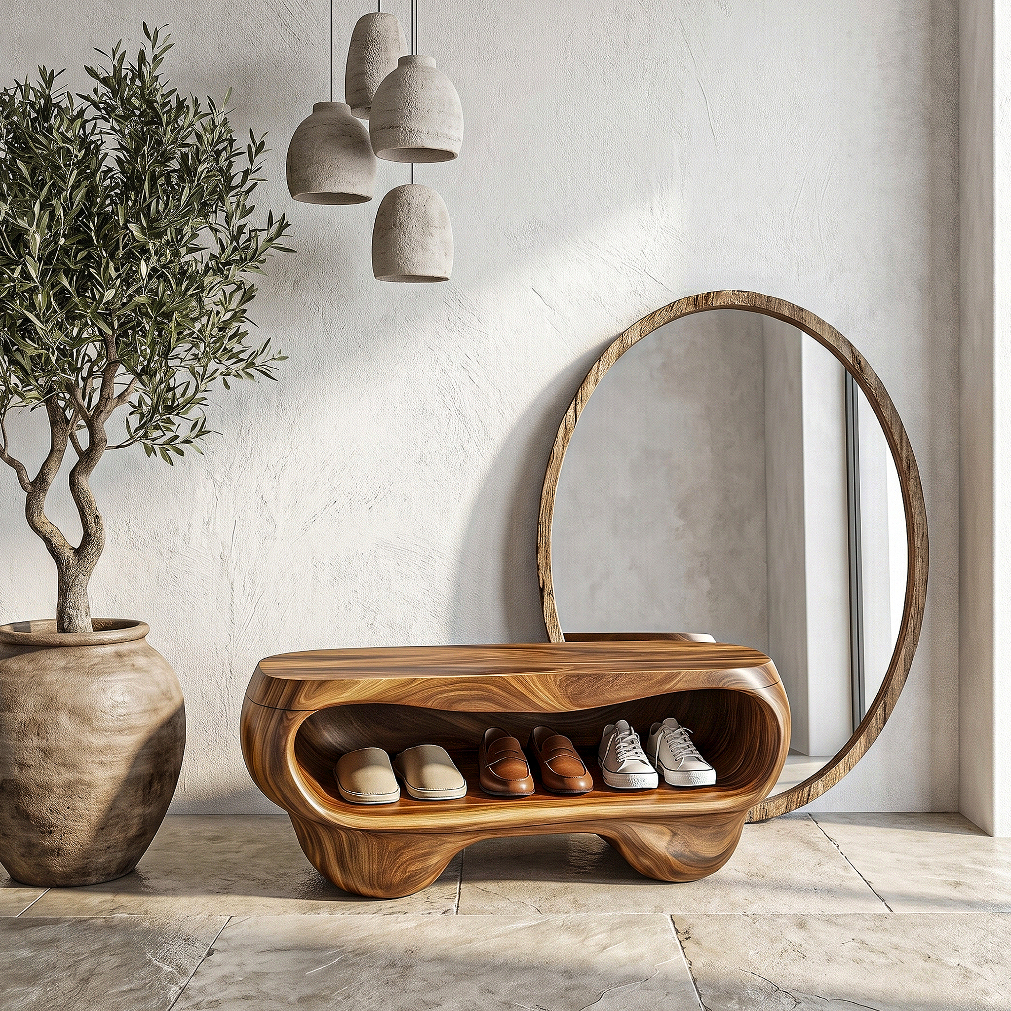 Organic Shoe Bench With Rounded Storage Shelves For Entryway SINLHASB094