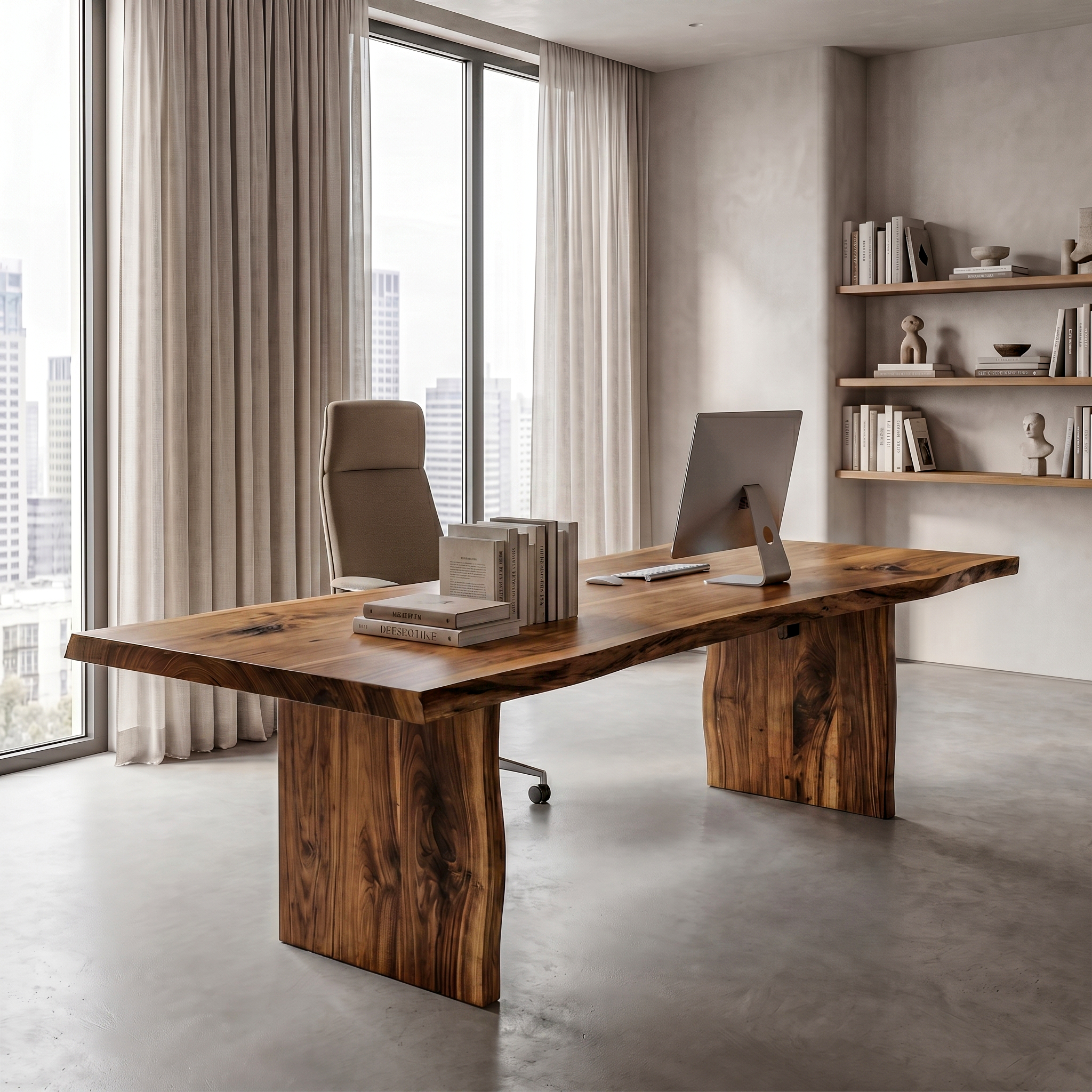 Rustic Live Edge Wooden Desk With Solid Wood Pedestal Base For Home Office SINLHADK119