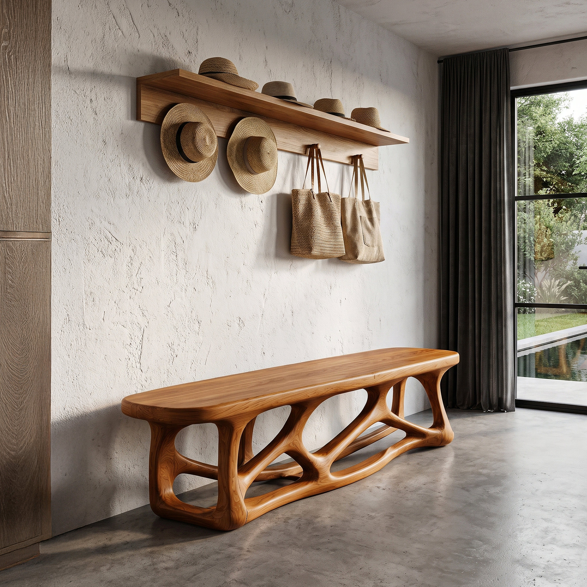 Contemporary Wood Bench With Flowing Organic Design For Hallway And Entryway SINLHABEN138
