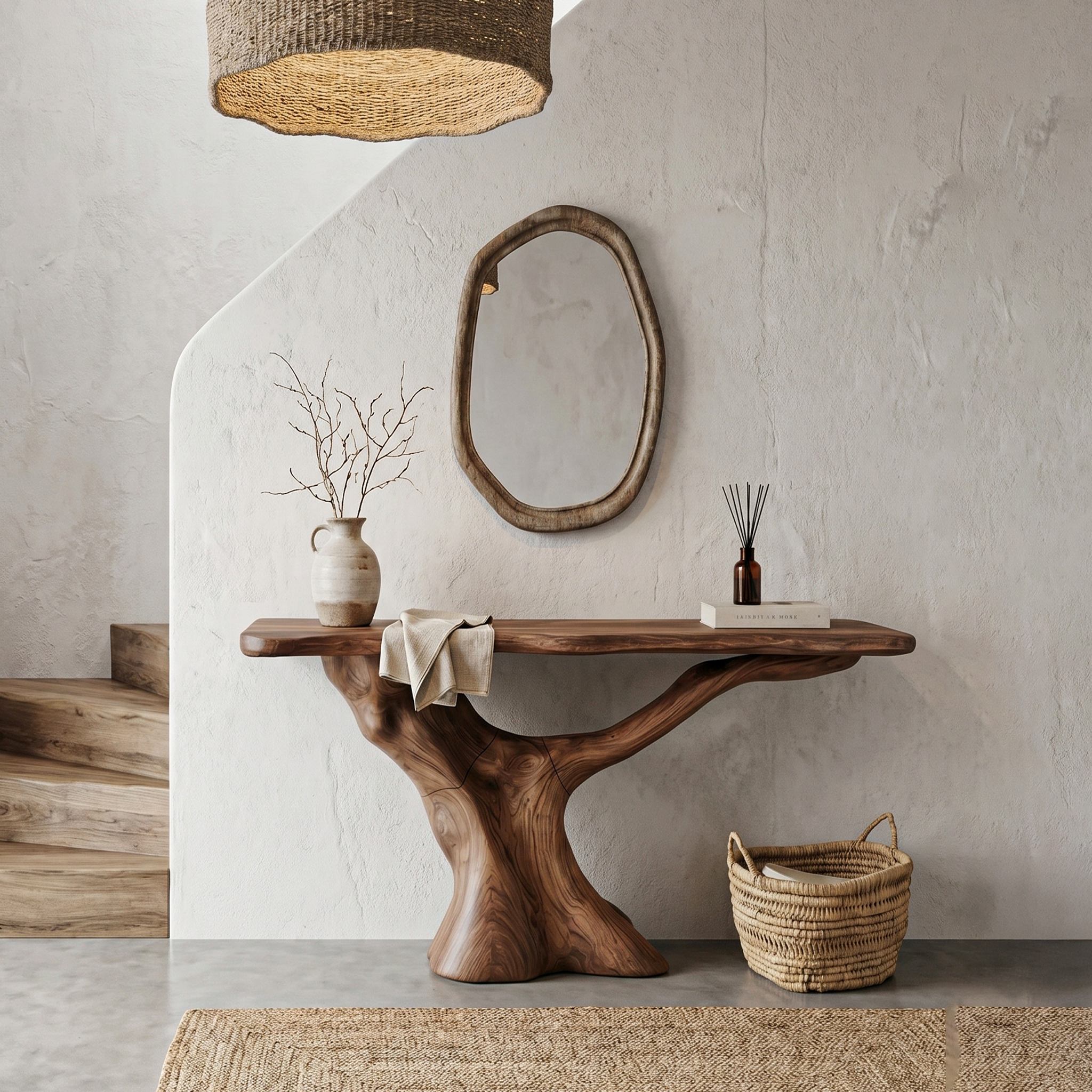 Rustic Console Table With Sculptural Wooden Base For Entryway SINLHACS575