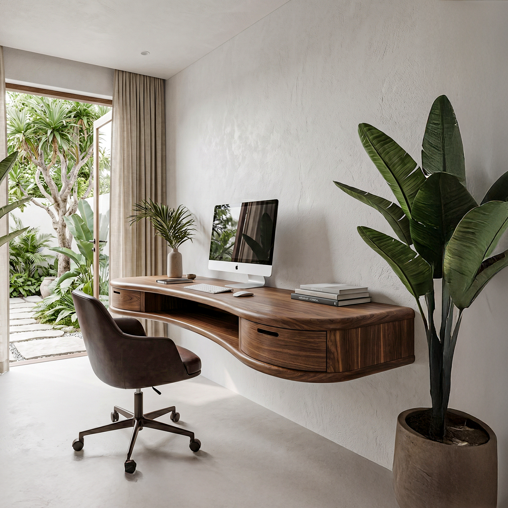 Modern Floating Desk With Built In Drawer Storage And Curved Wood Design For Home Office And Workspace SINLHADK121