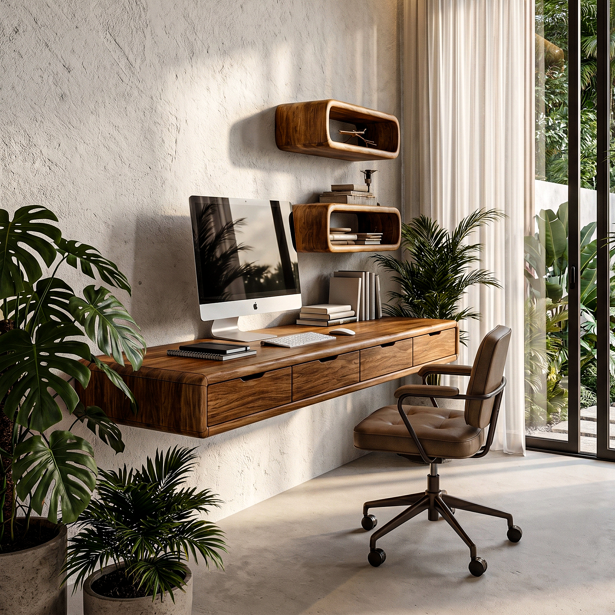 Modern Floating Desk With Built In Drawer Storage And Wall Mounted Shelves For Home Office And Workspace SINLHADK124