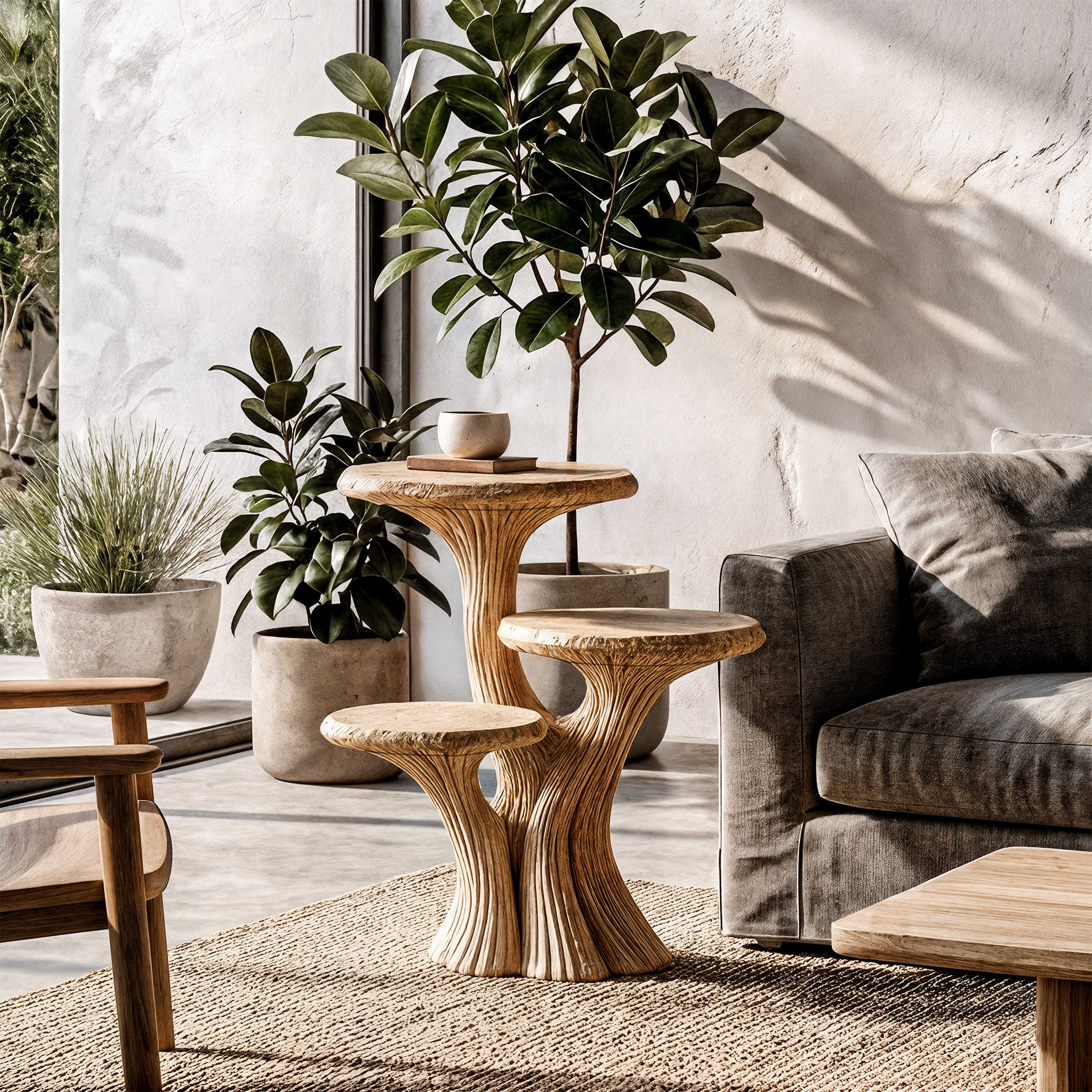 Contemporary Tiered Side Table With Sculptural Solid Wood Design For Living Room And Bedroom SINLHABT249