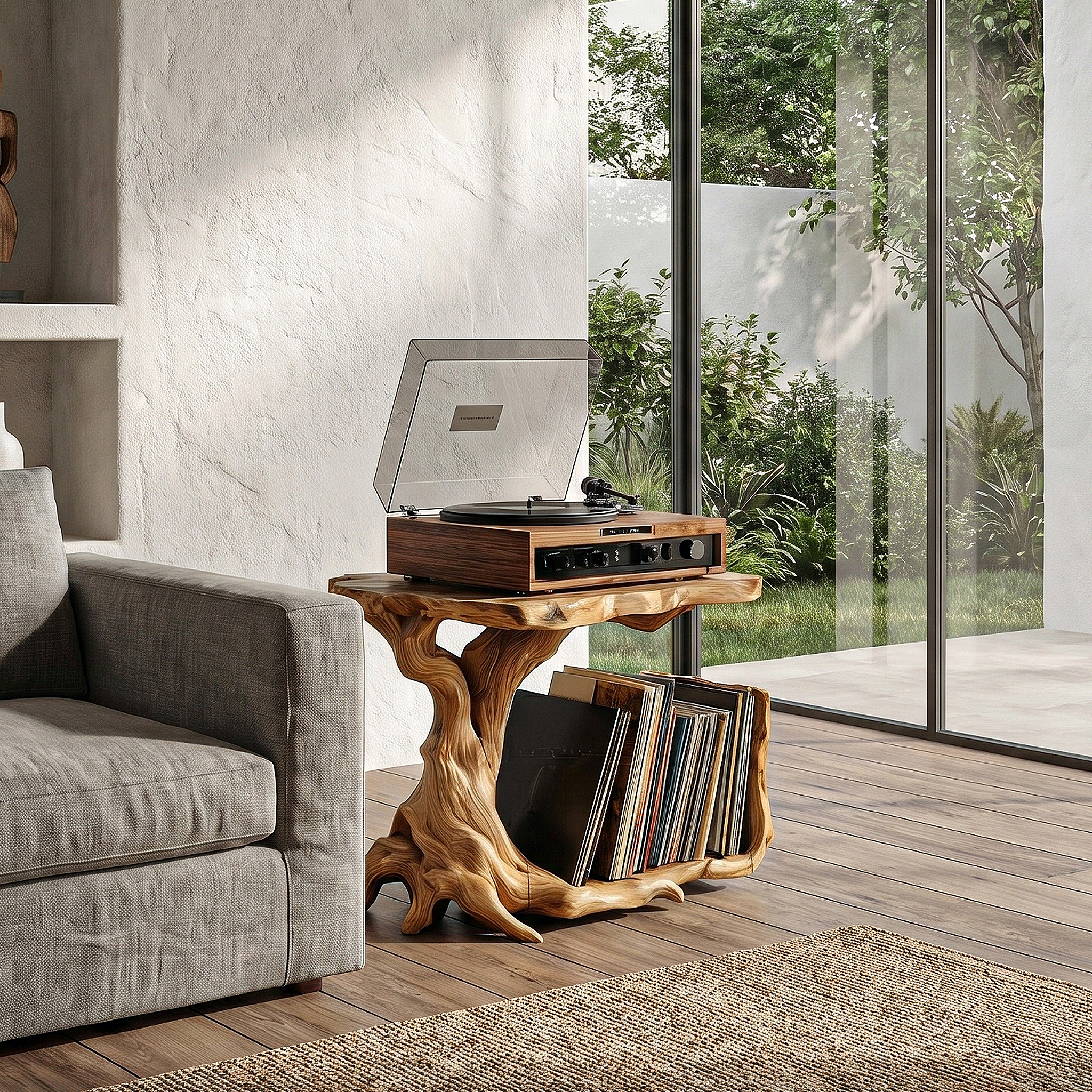 Rustic Record Player Stand With Tree Root Solid Wood Base And Vinyl Storage For Living Room SINLHARPS007