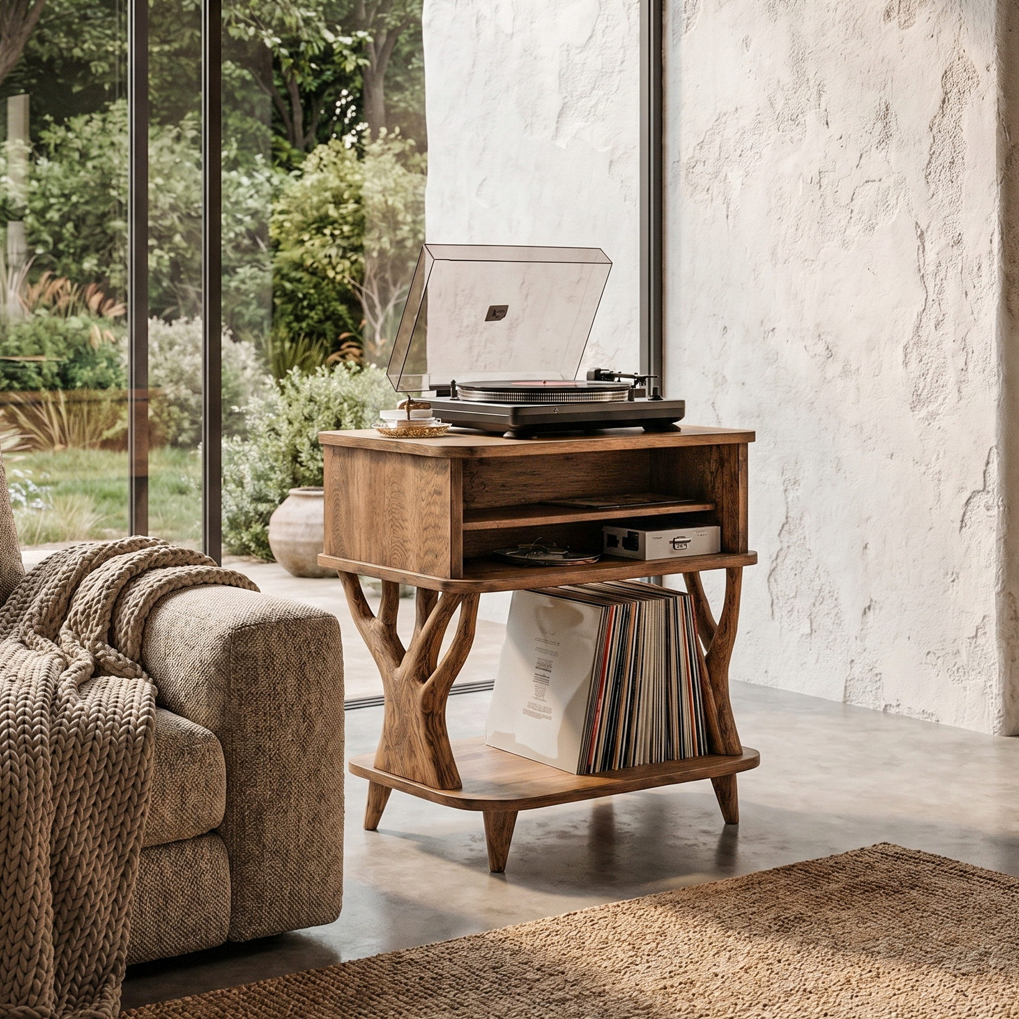 Organic Record Player Stand With Built In Drawer Storage And Vinyl Shelf For Living Room SINLHARPS008