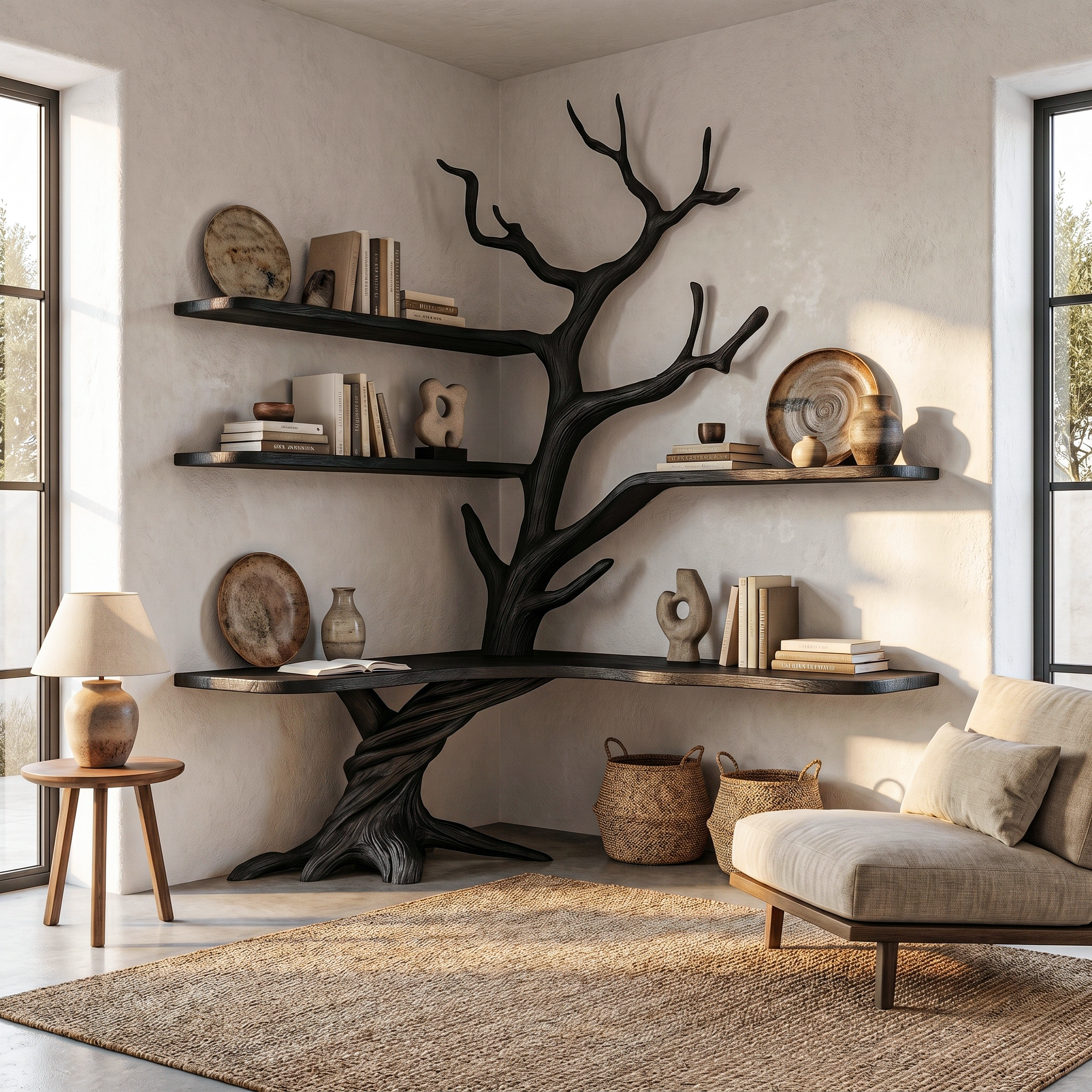 Organic Corner Desk With Sculptural Tree Branch Shelving For Home Office And Workspace SINLHADK130