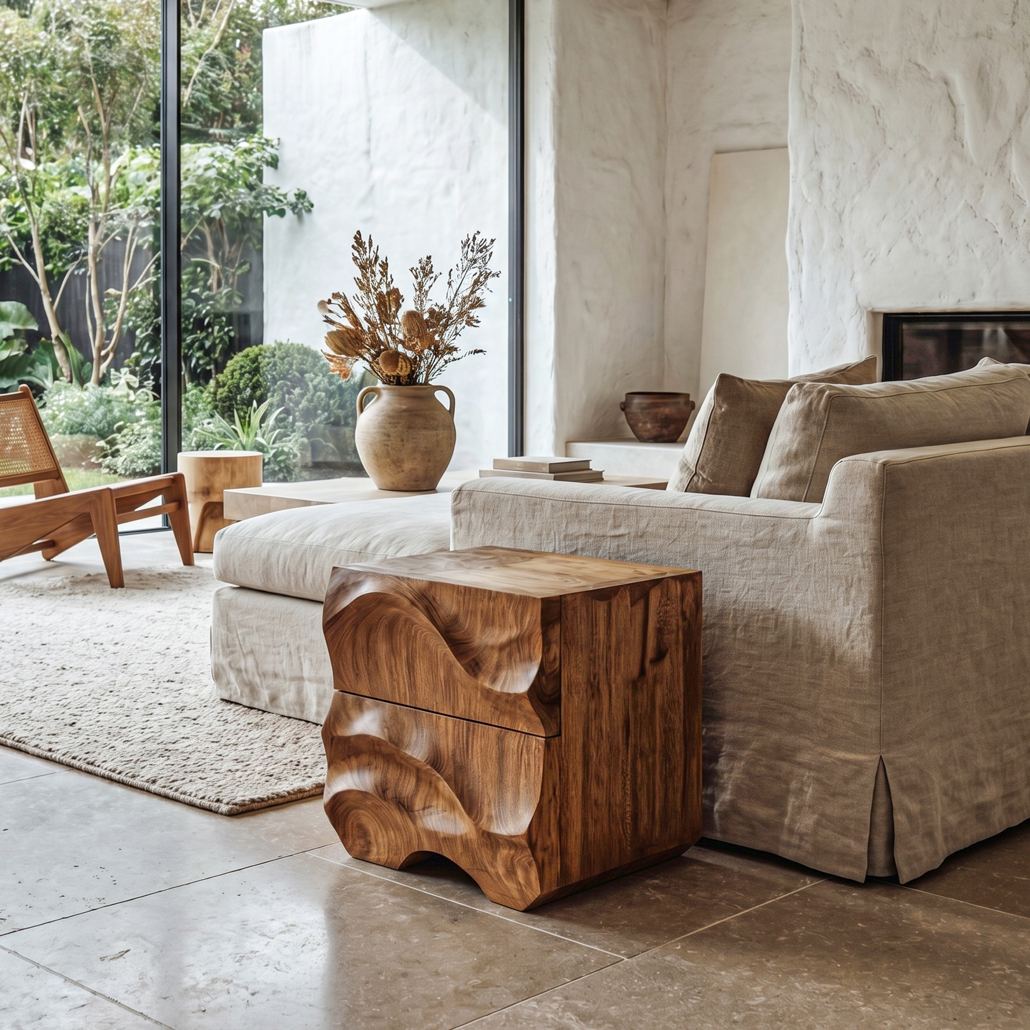 Rustic Sculptural Side Table With Hand Carved Solid Wood Base For Living Room And Bedroom SINLHABT253