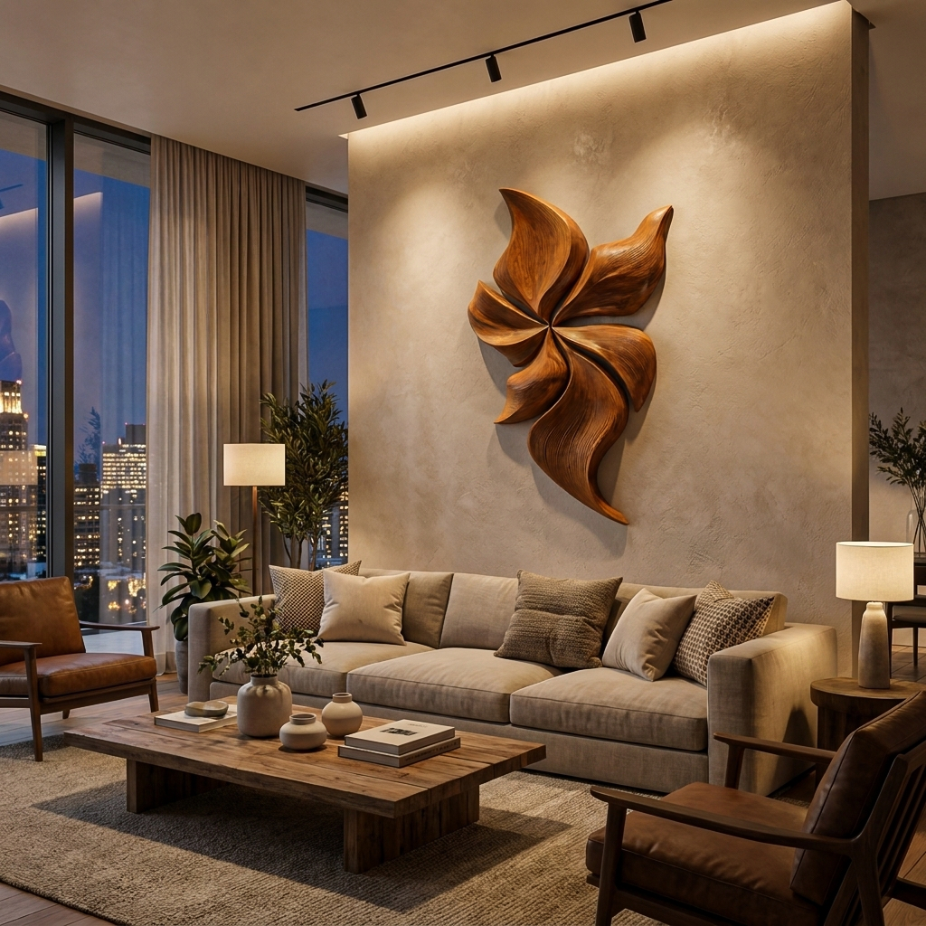 Modern Wooden Wall Art With Floral Inspired Sculpture For Living Room RTTHTTWA145