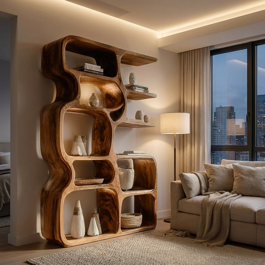 Minimalist Artistic Natural Wood Bookshelf For Living Room RTTHHNBS164