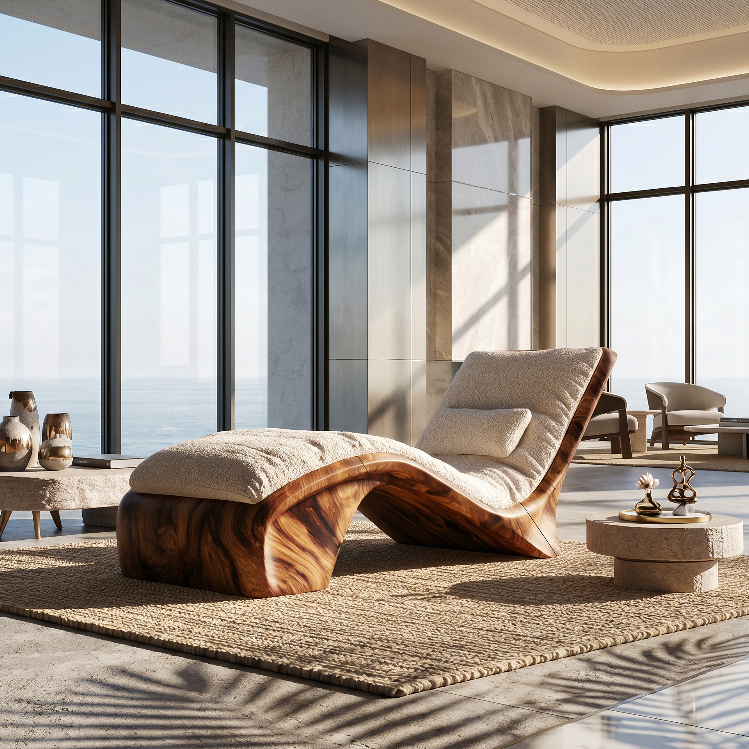 Sculptural Wood Chaise Lounge Coastal Modern Oceanfront Residence SILDTTRDB003