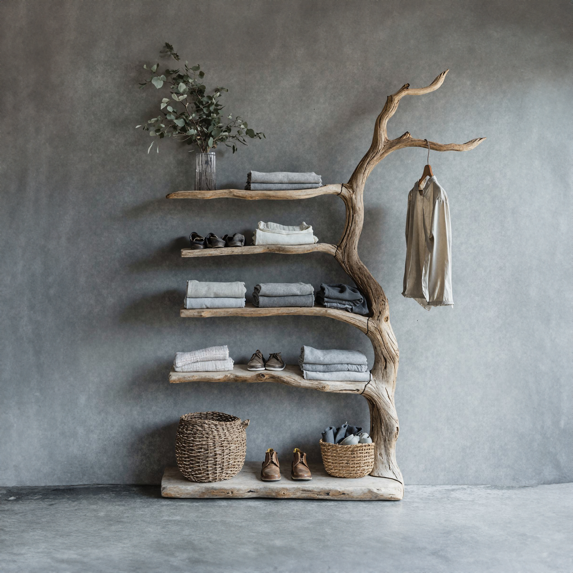 Driftwood Tree Branch Coat Rack With Shelf Shoe Storage SINLTB087