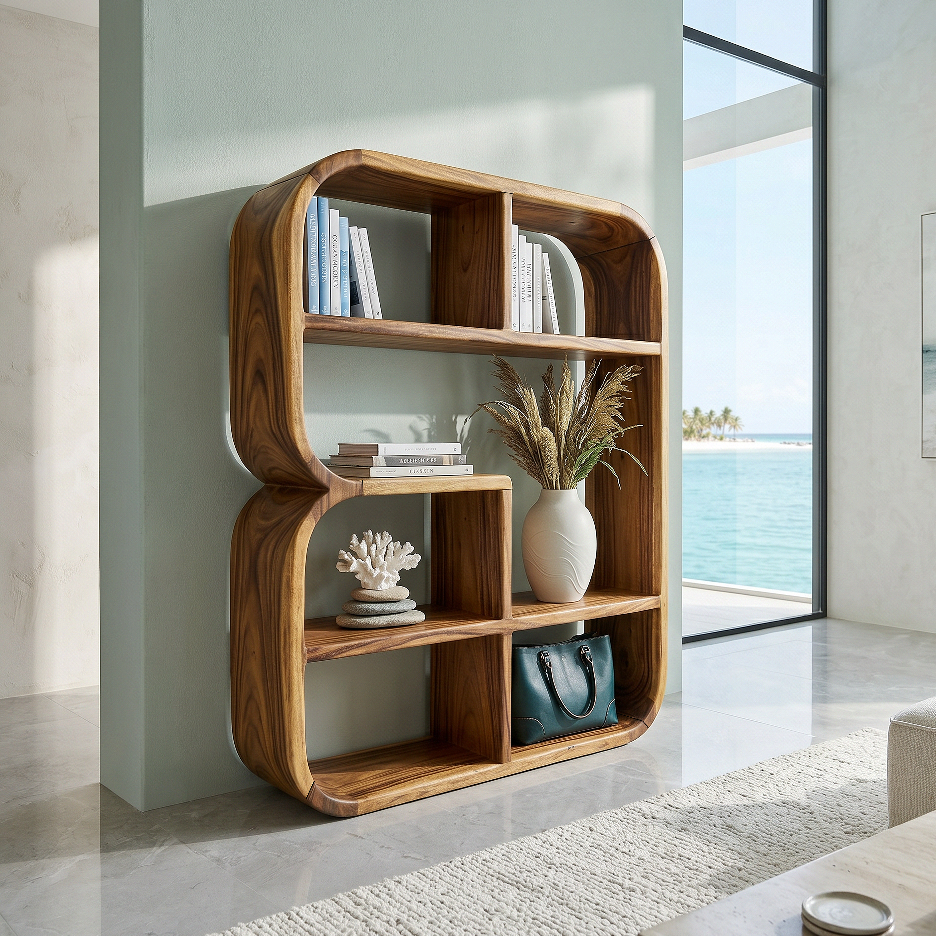 Modern Curved Wooden Bookshelf In Coastal Style SILDTTRBS039