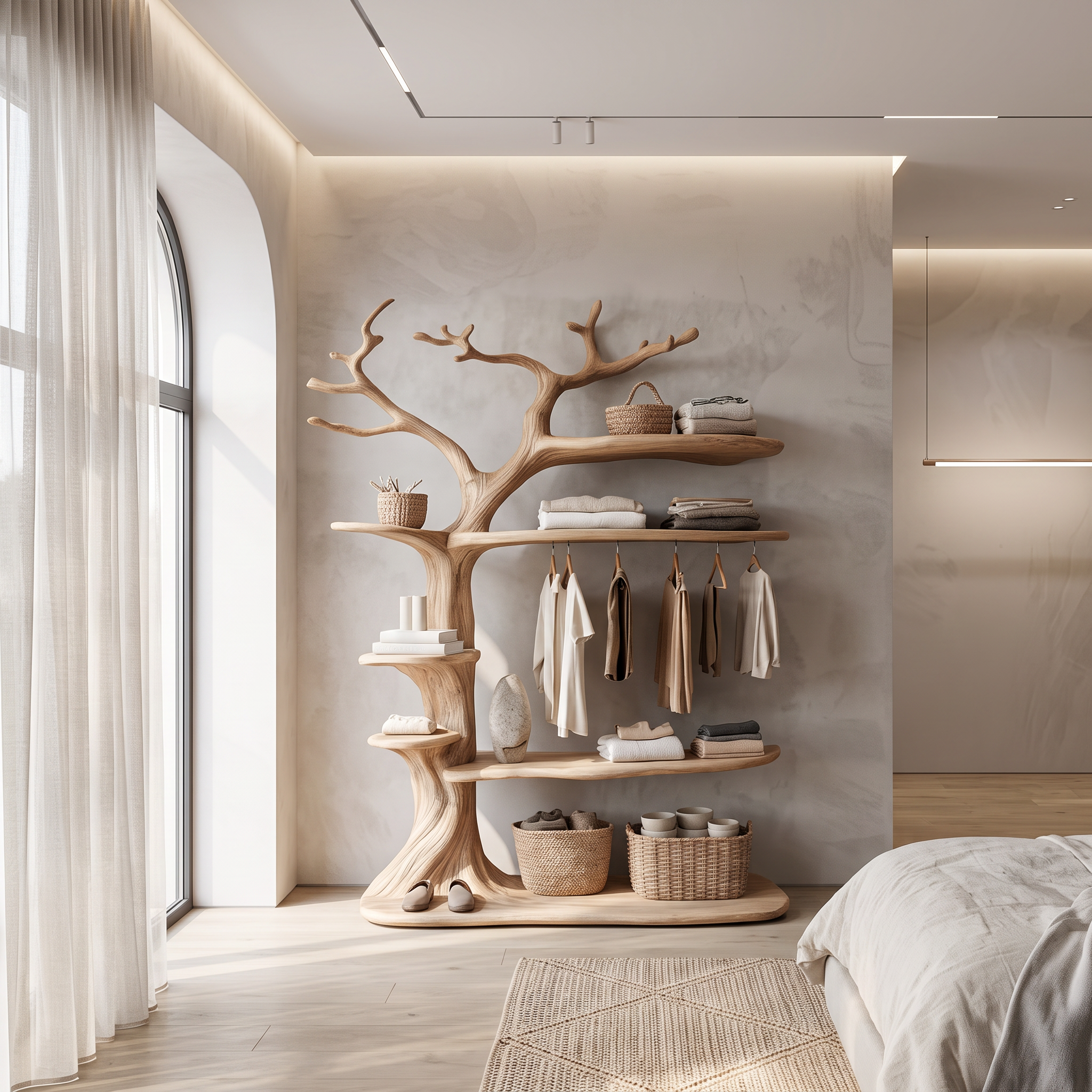 Rustic Tree Clothing Rack With Display Shelves For Bedroom SINLSATCR080