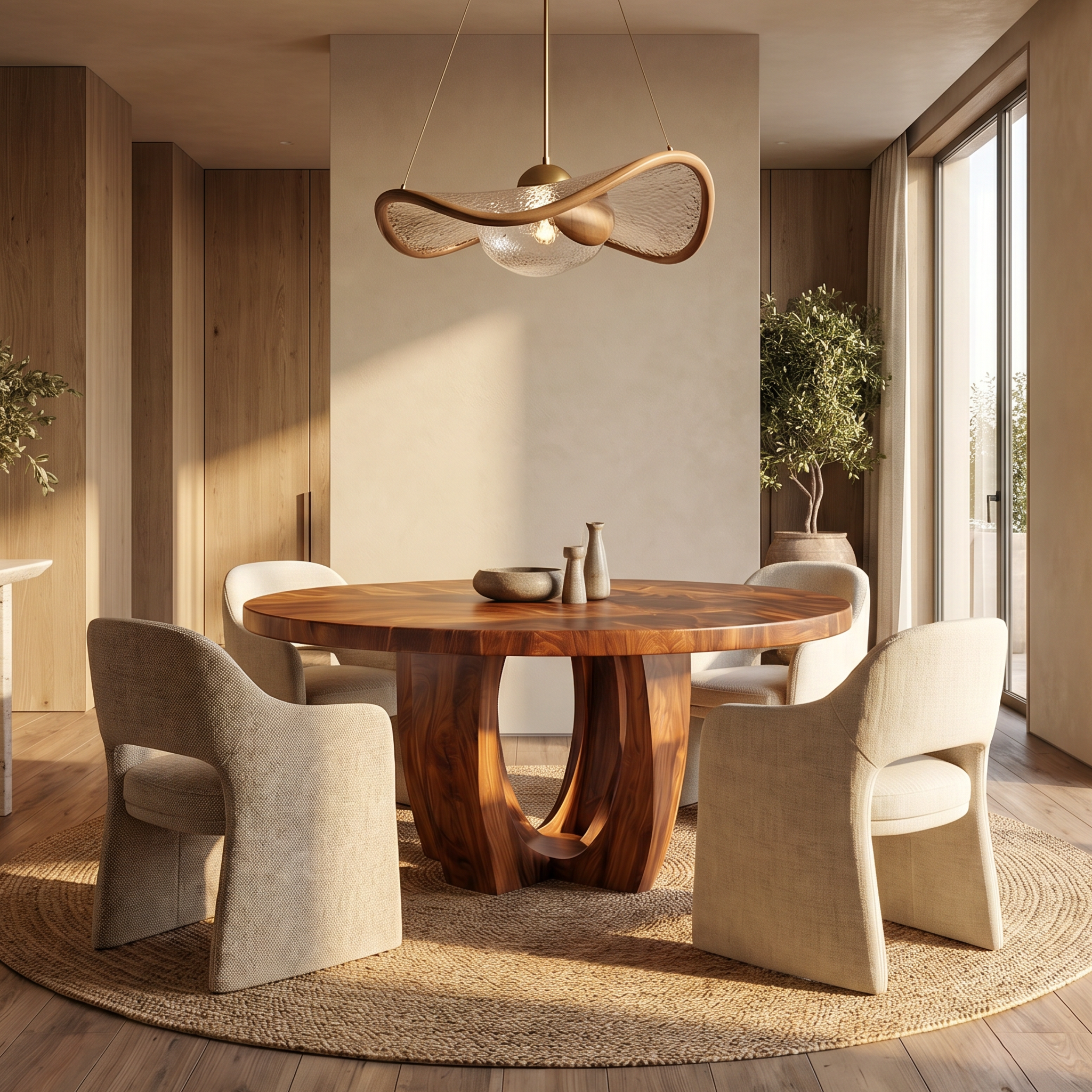 Modern Round Dining Table With Sculptural Wood Base For Dining Room SINLSADT180
