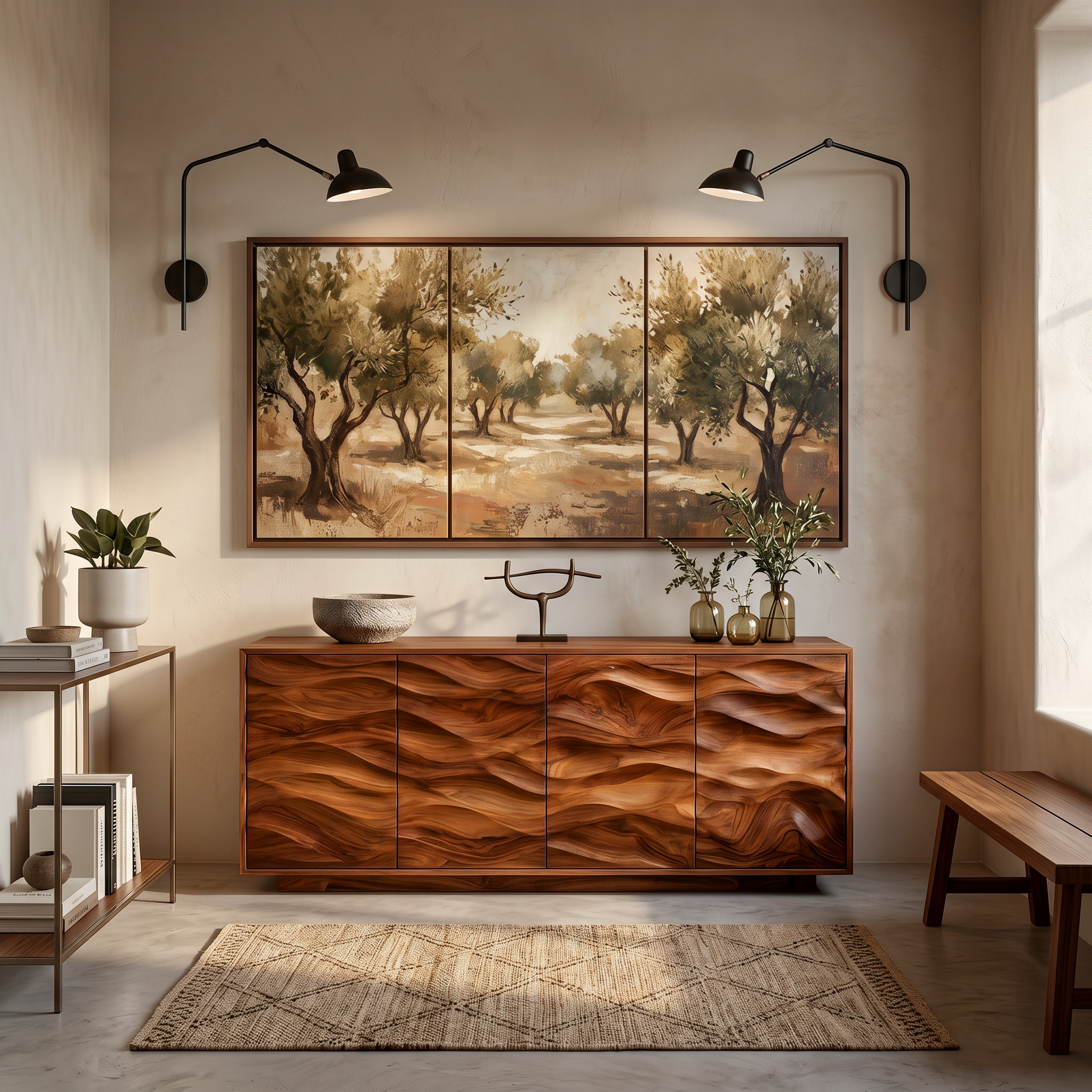 Minimalist Wooden Wave Carved Sideboard For Home RTTHTTSD051