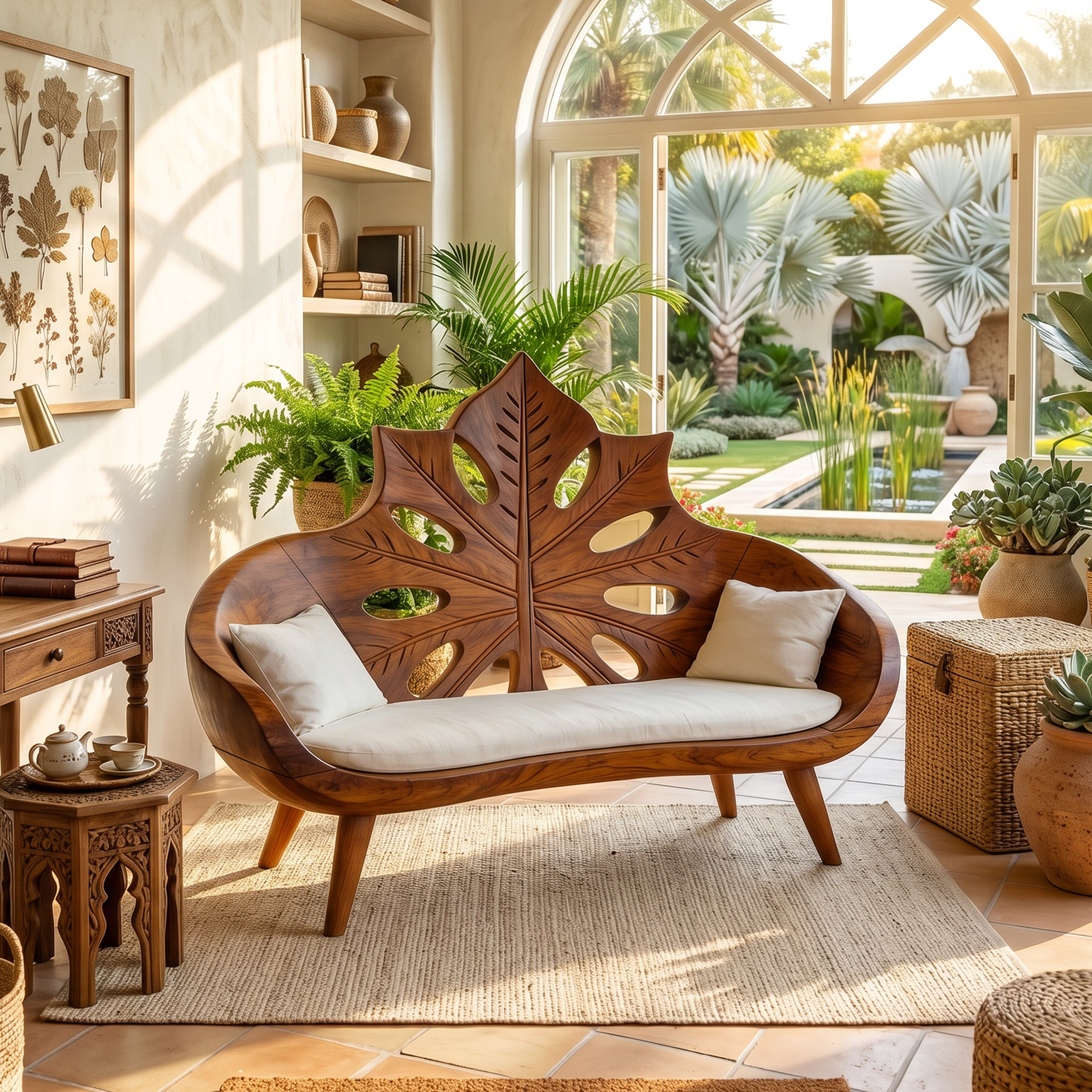 Contemporary Sunburst Leaf Back Bench For Lounge Interior Space SILDTTNBEN006
