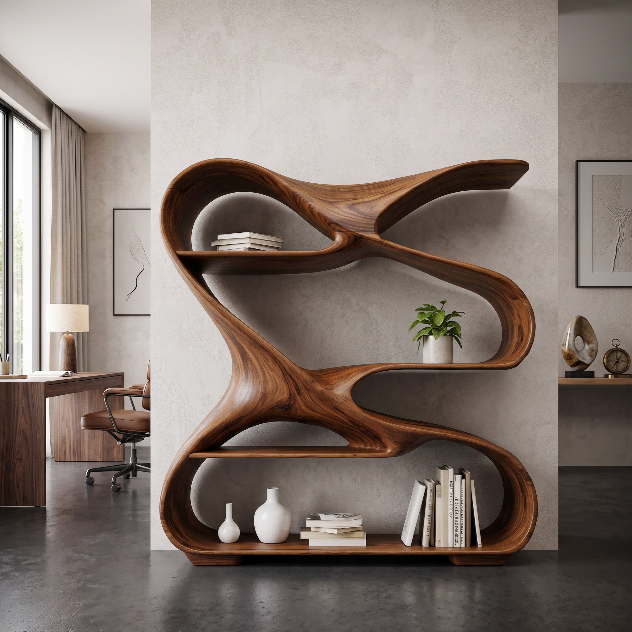 Modern Sculptural Wooden Bookshelf For Living Room Or Office Display SITHHNBS005