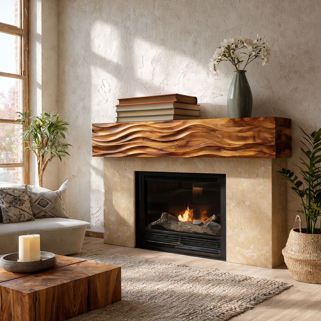 Rustic Wooden Fireplace Shelf With Wave Carved For Living Room RTTHTTFS015