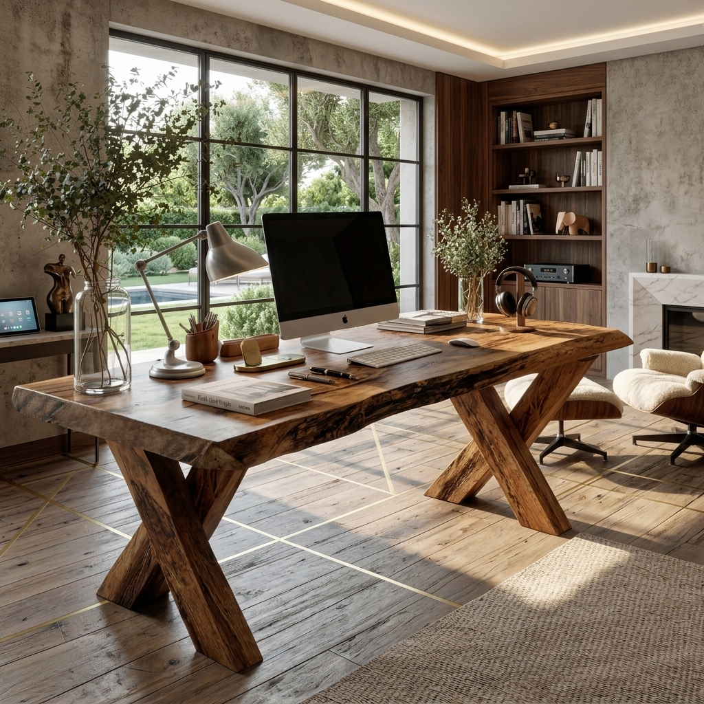 Rustic Live Edge Desk With X Legs For Home Office SITHTTDE035