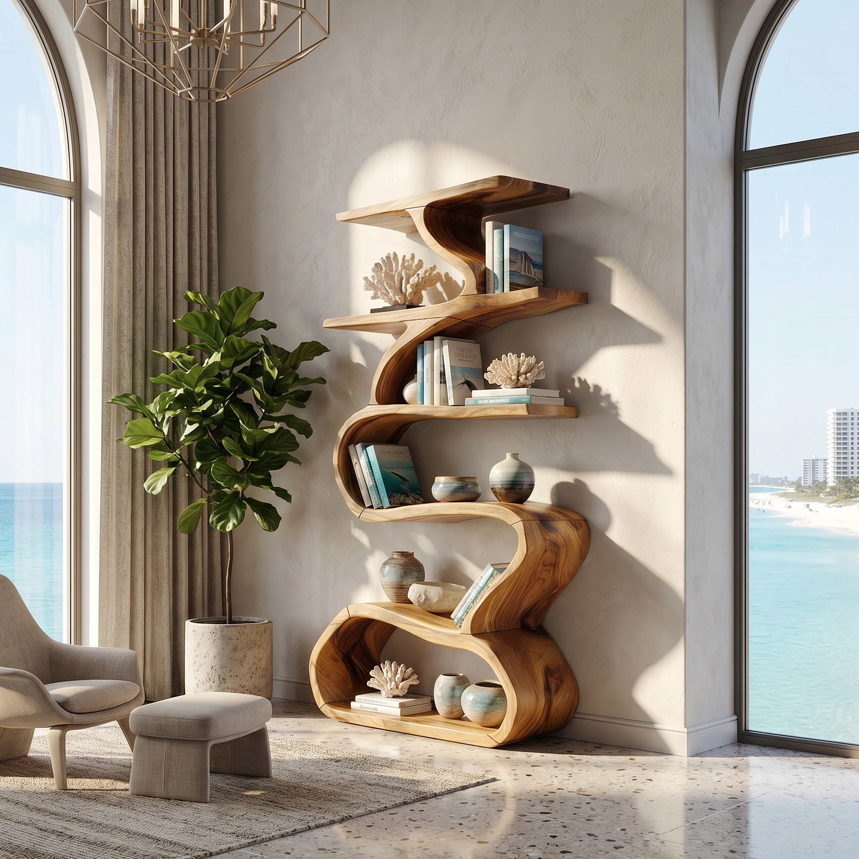 Organic Wooden Wall Bookshelf With Flowing Curves SILDTTRBS026