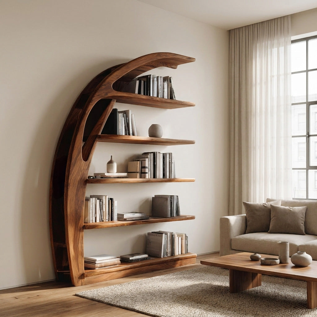 Minimal Curved Wooden Bookshelf For Living Room Display RTTHHNBS178