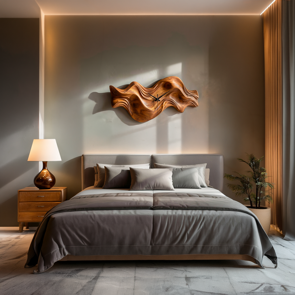Modern Wooden Clock Organic Wave Design For Cozy Bedroom Space RTTHTTWAC015