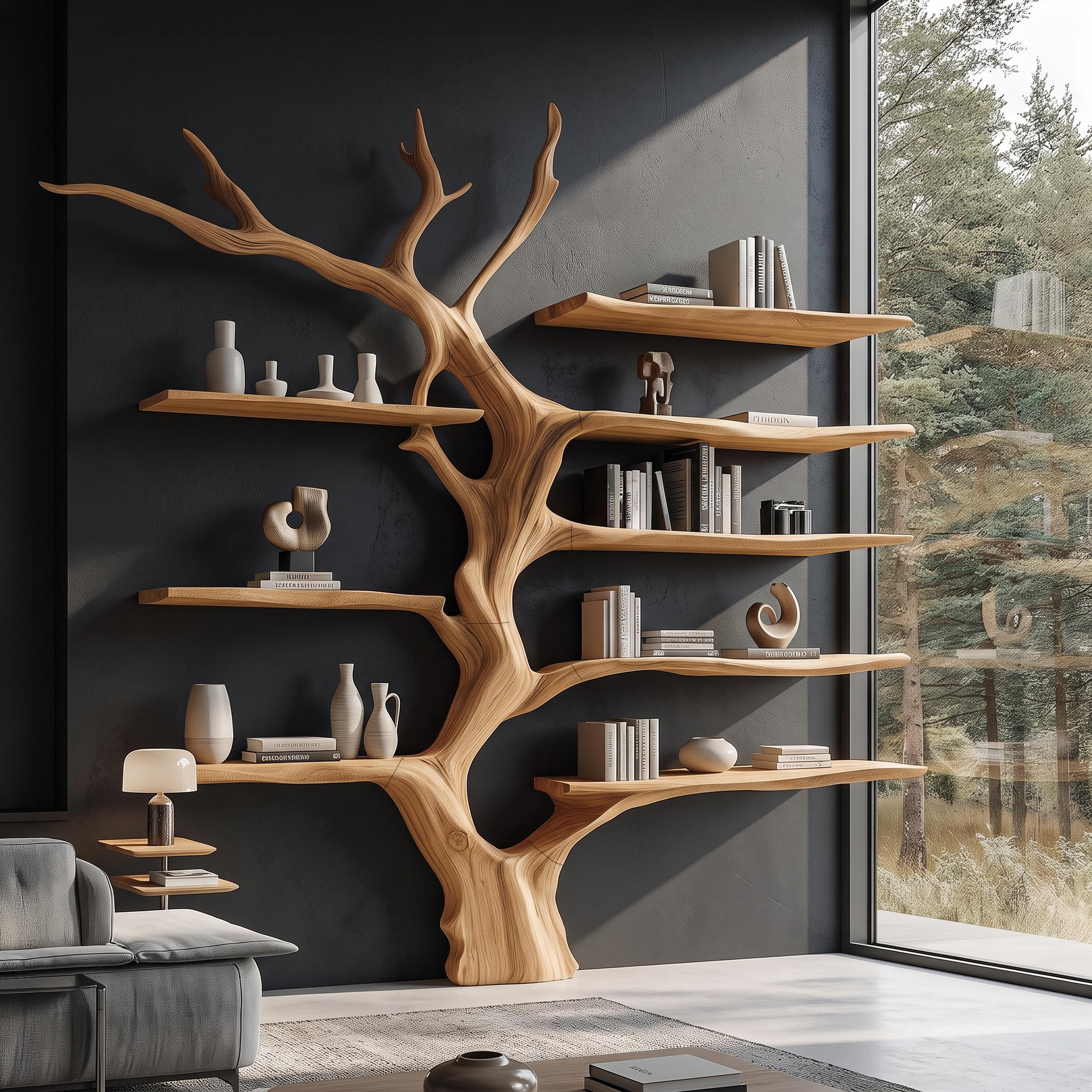 Sculptural Tree Bookcase Artistic Wooden Wall Shelf SINLSATB176