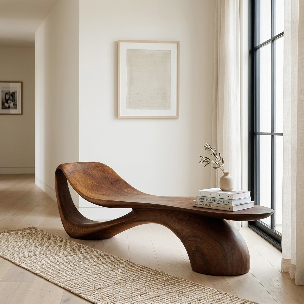 Modern Wooden Bench With Curved Sculptural For Living Decor RTTHHNCHR162