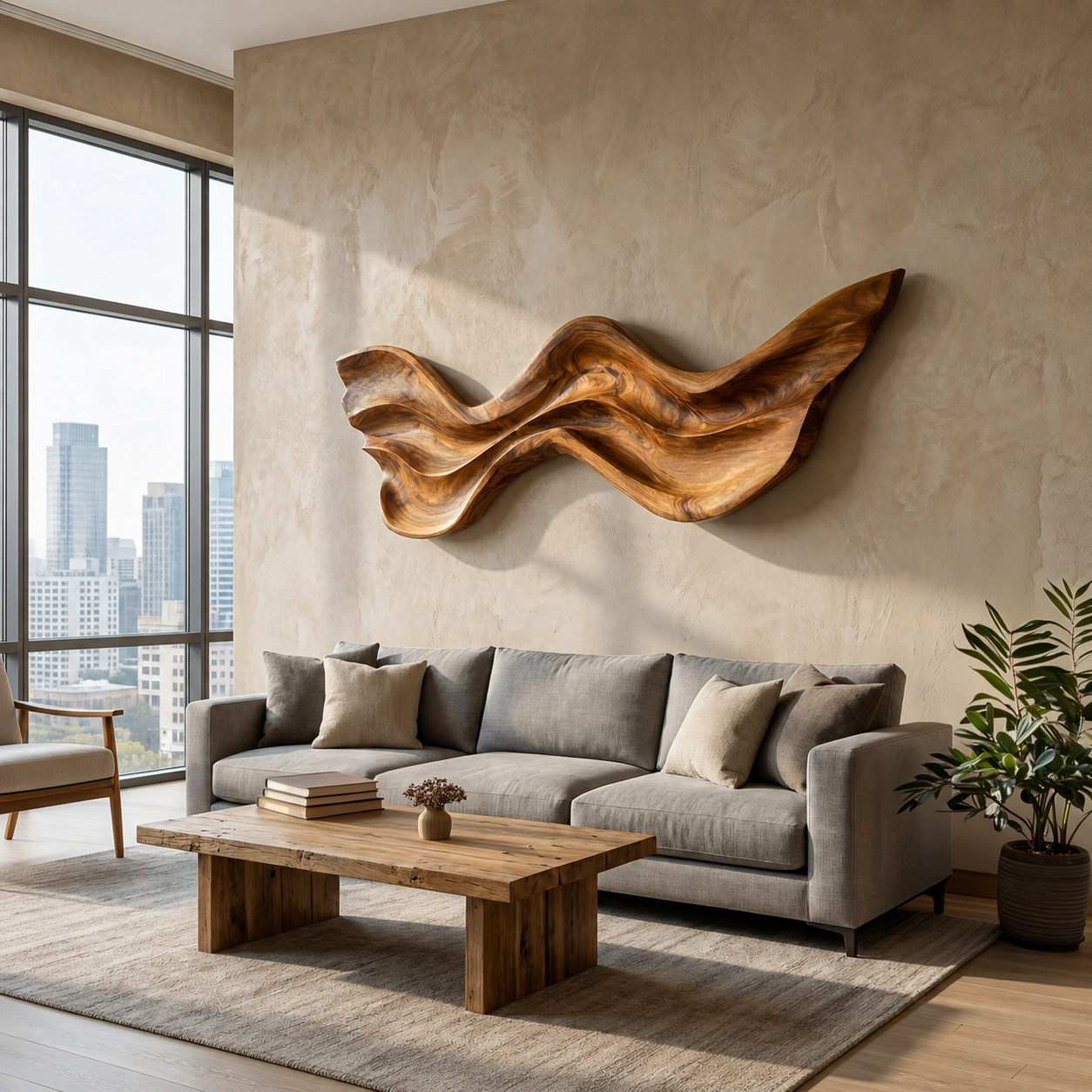 Mid Century Wooden Wall Art With Carved Wave For Living RTTHTTWA136