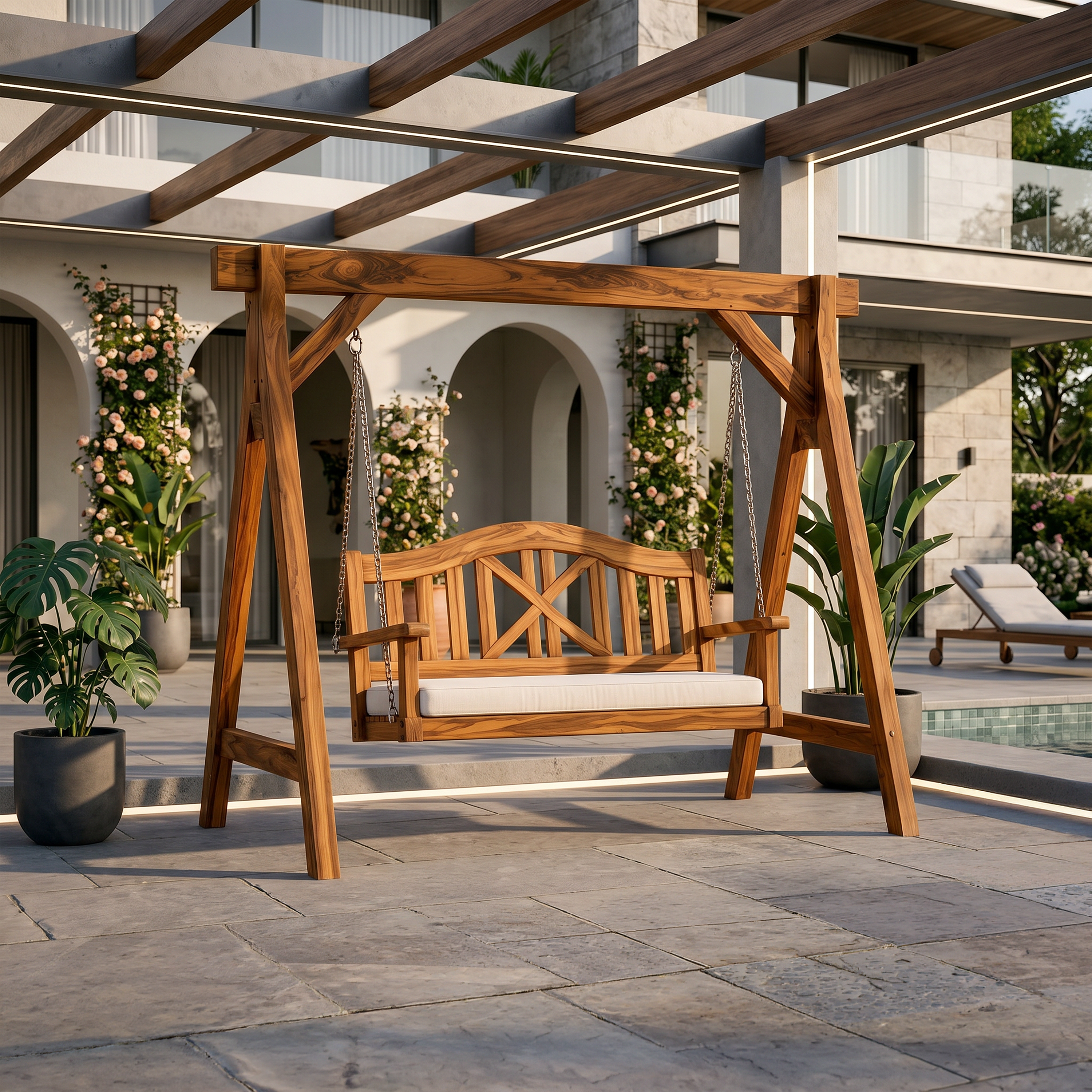 Mediterranean Wooden Swing Bench Villa Patio SILDTTRSWI014