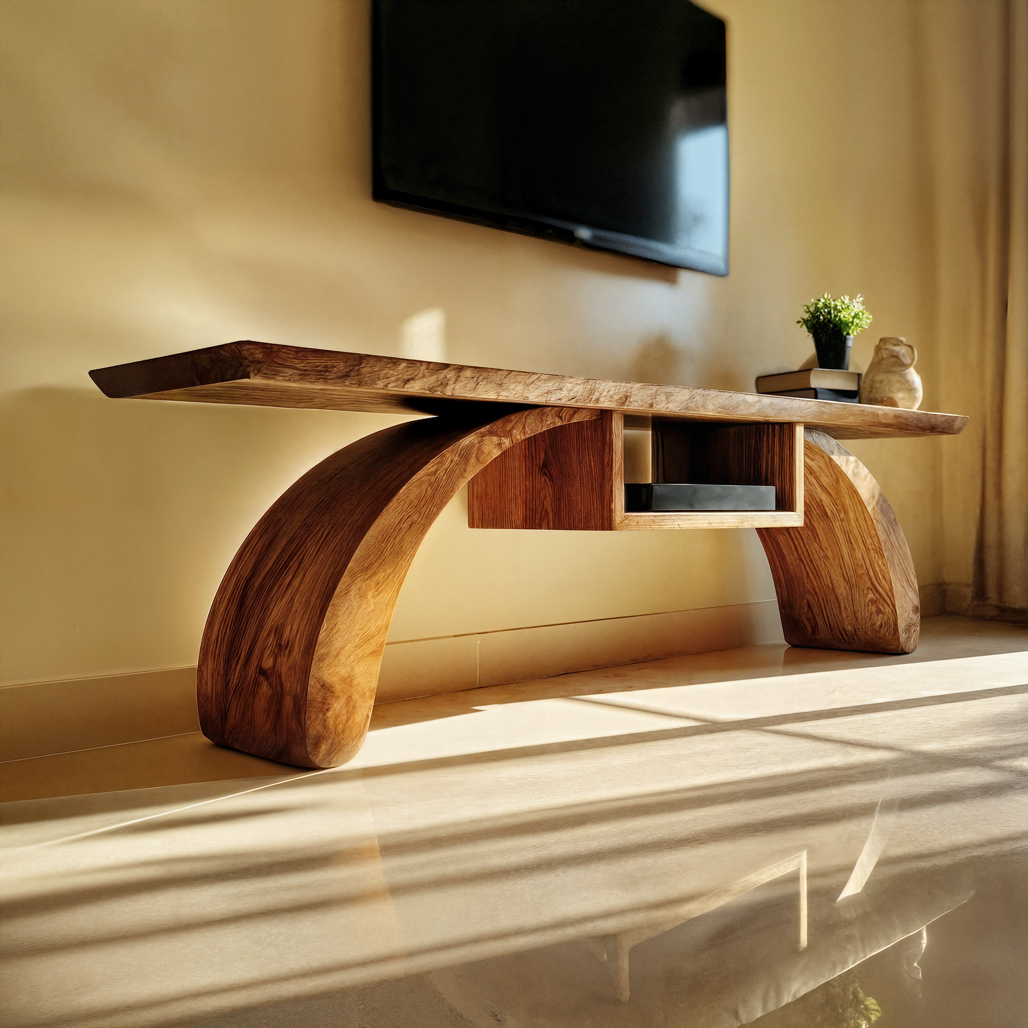 Rustic Wood TV Stand Curved Base Floating Top Living Room SINLKITS006