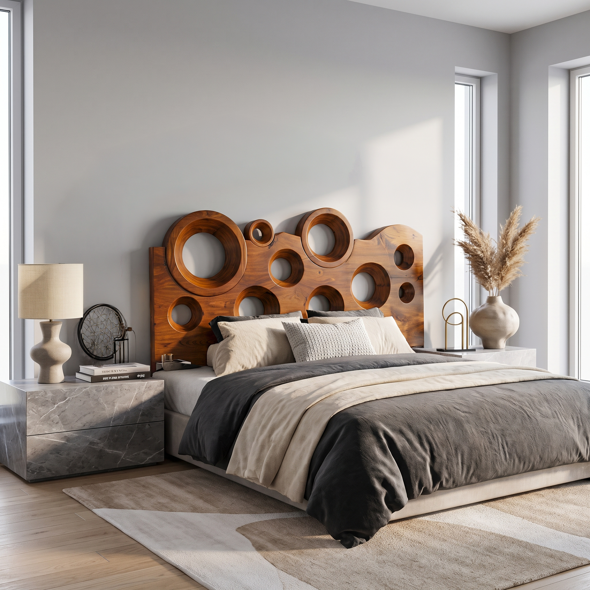 Modern Circular Cutout Headboard Solid Wood Bed Headboard For Bedroom SINLSAHB037