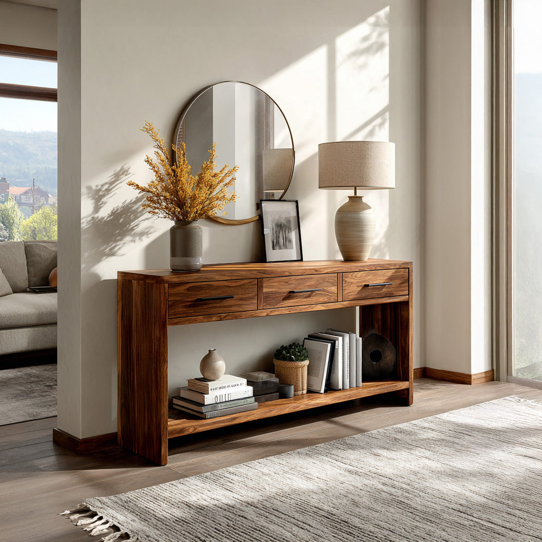 Handcrafted Wooden Console Table With Drawers For Living Room RTTHHNCS026